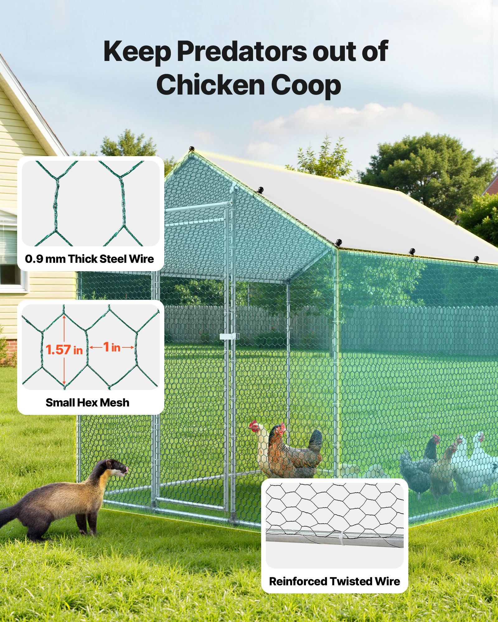 Metal Chicken Coop, 6.56x6.56x6.56ft Large Walk-in Chicken Runs with Cover, Spire Roof Hen House Enclosure with Security Lock, Outdoor Duck Rabbit Cage Poultry Pen for Backyard, Farm, Yard - Image 4