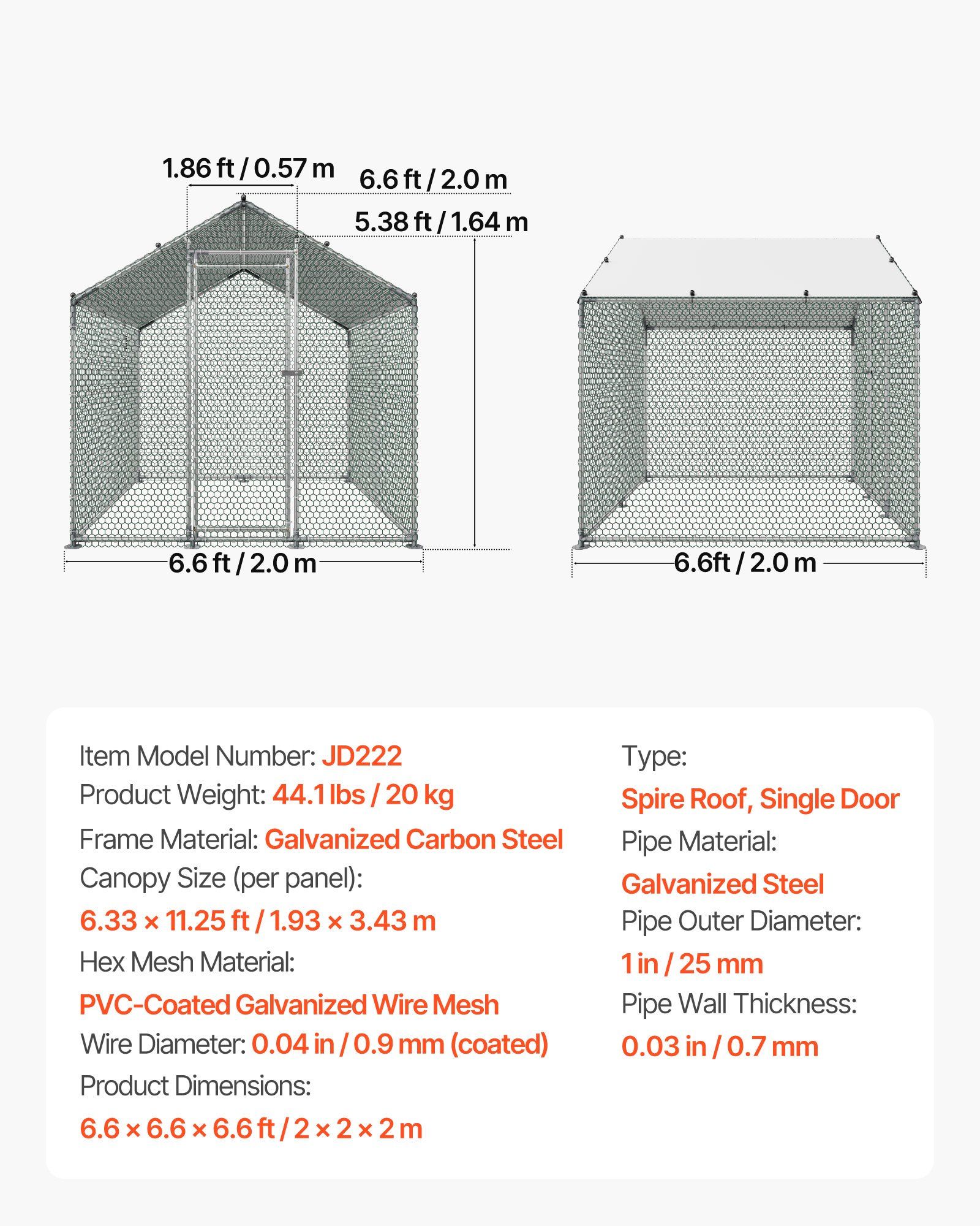 Metal Chicken Coop, 6.56x6.56x6.56ft Large Walk-in Chicken Runs with Cover, Spire Roof Hen House Enclosure with Security Lock, Outdoor Duck Rabbit Cage Poultry Pen for Backyard, Farm, Yard - Image 7
