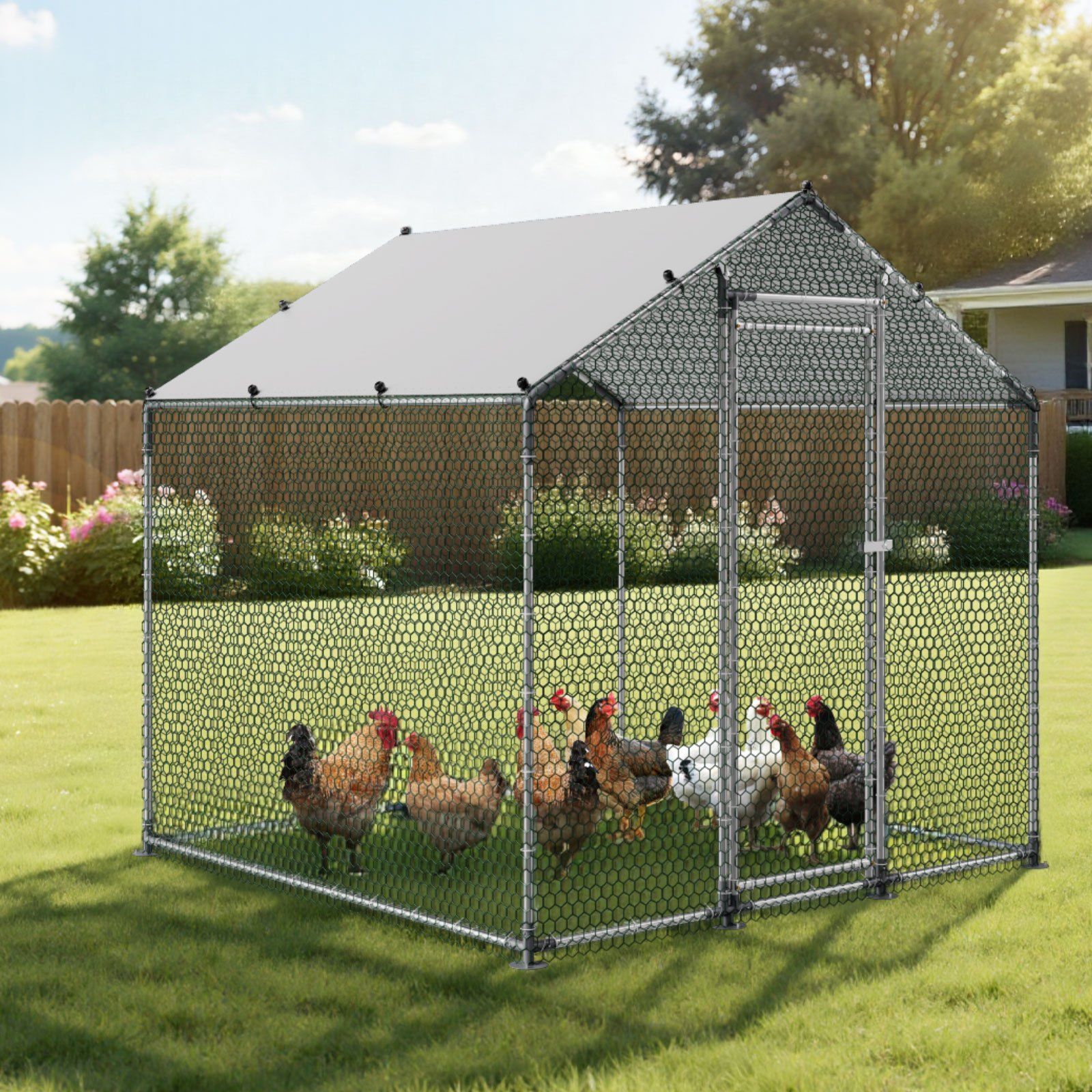 Metal Chicken Coop, 6.56x6.56x6.56ft Large Walk-in Chicken Runs with Cover, Spire Roof Hen House Enclosure with Security Lock, Outdoor Duck Rabbit Cage Poultry Pen for Backyard, Farm, Yard - Image 8