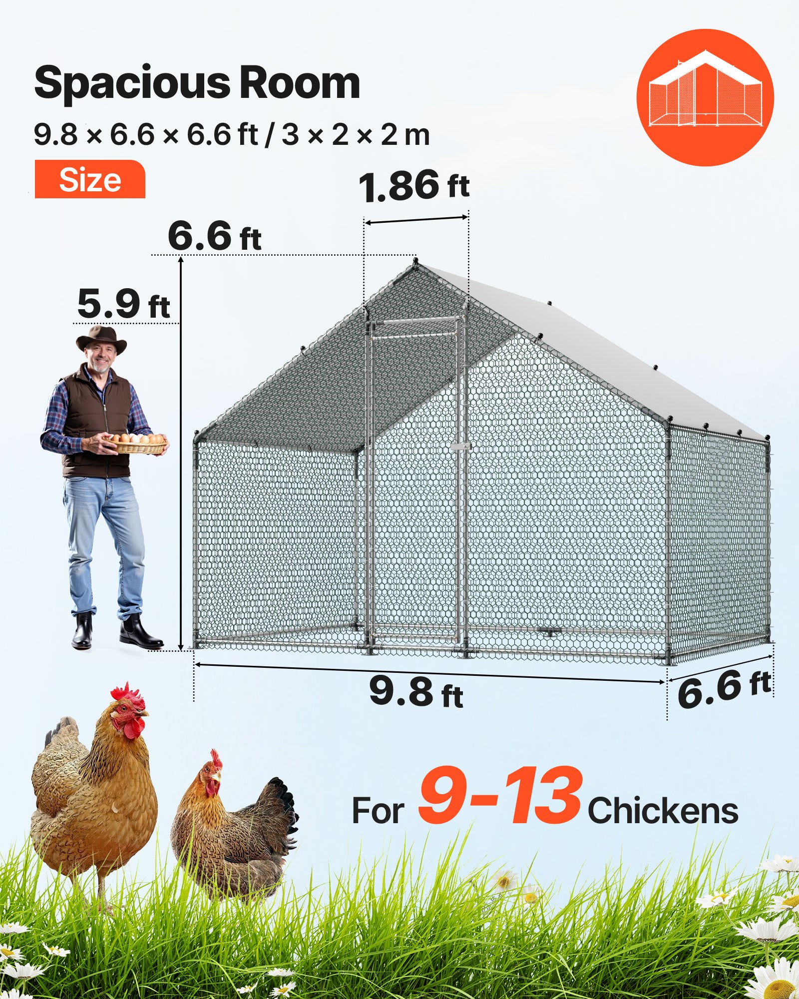 Metal Chicken Coop, 9.8x6.5x6.5ft Large Walk-in Chicken Runs with Cover, Spire Roof Hen House Enclosure with Security Lock, Outdoor Duck Rabbit Cage Poultry Pen for Backyard, Farm, Yard - Image 2