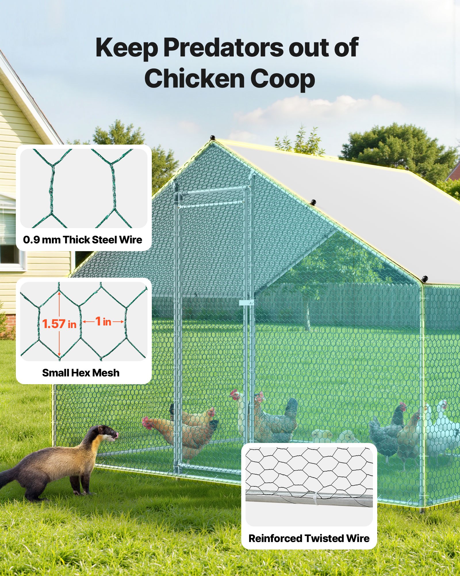 Metal Chicken Coop, 9.8x6.5x6.5ft Large Walk-in Chicken Runs with Cover, Spire Roof Hen House Enclosure with Security Lock, Outdoor Duck Rabbit Cage Poultry Pen for Backyard, Farm, Yard - Image 4