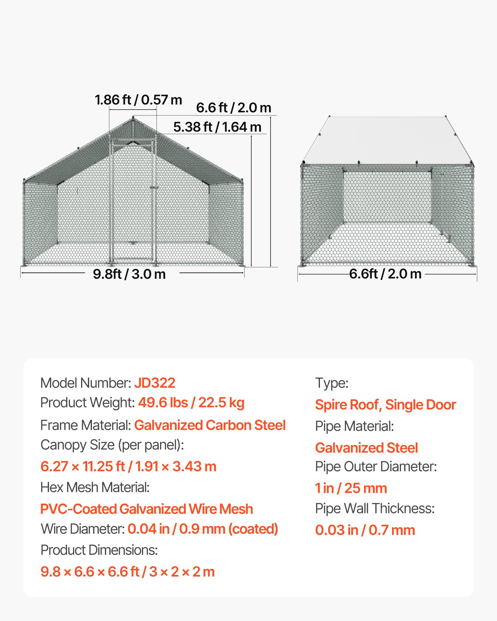 Metal Chicken Coop, 9.8x6.5x6.5ft Large Walk-in Chicken Runs with Cover, Spire Roof Hen House Enclosure with Security Lock, Outdoor Duck Rabbit Cage Poultry Pen for Backyard, Farm, Yard - Image 7