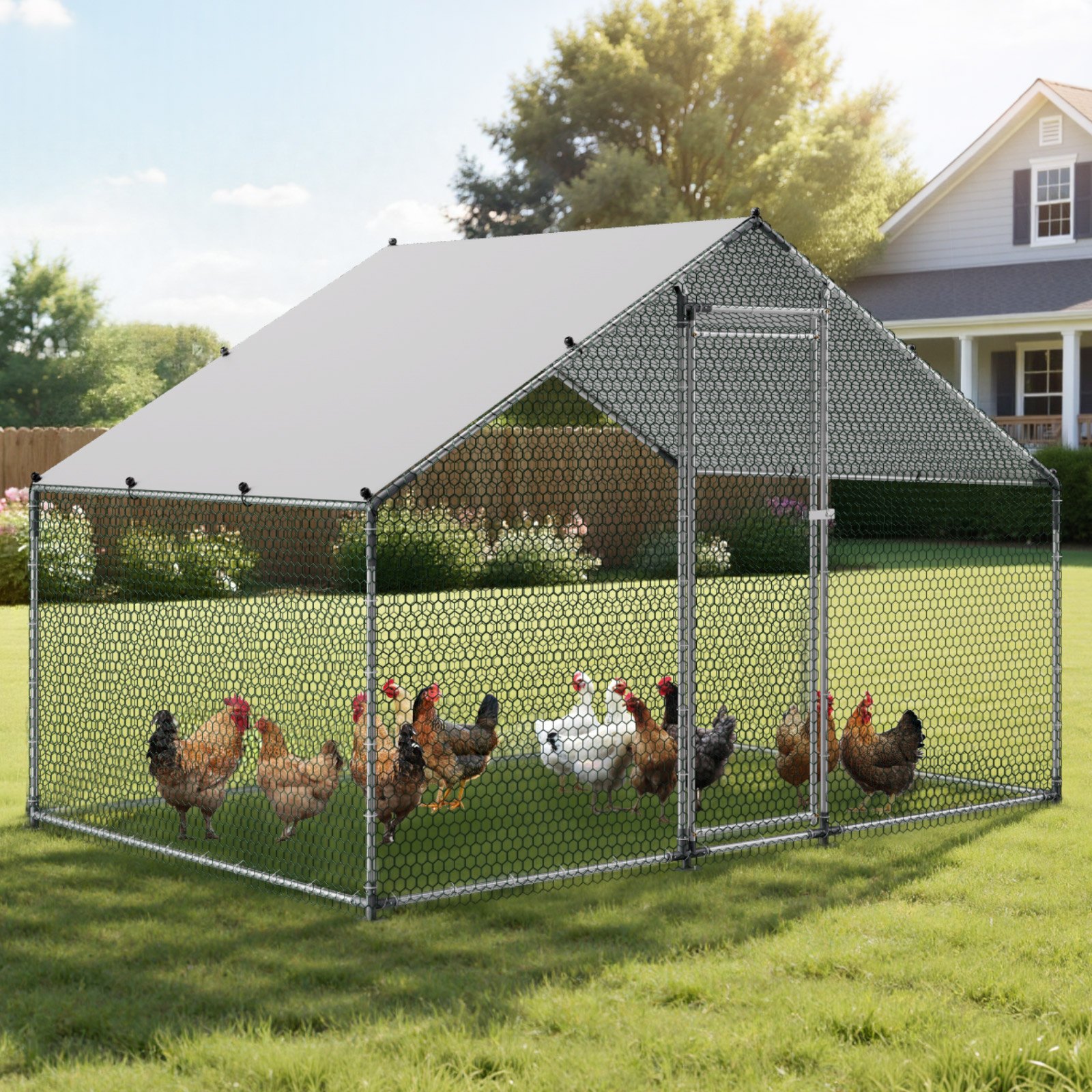 Metal Chicken Coop, 9.8x6.5x6.5ft Large Walk-in Chicken Runs with Cover, Spire Roof Hen House Enclosure with Security Lock, Outdoor Duck Rabbit Cage Poultry Pen for Backyard, Farm, Yard - Image 8
