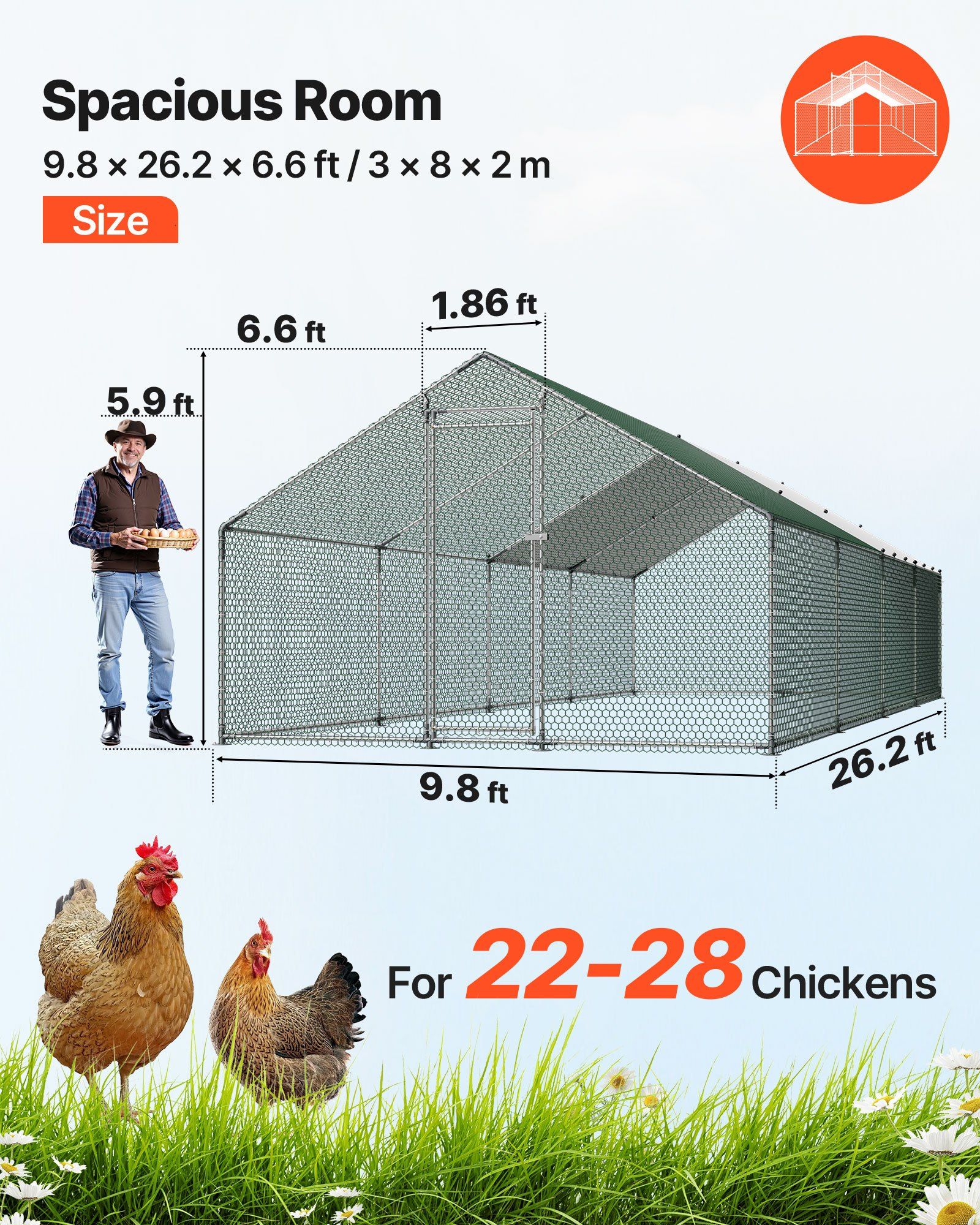 Metal Chicken Coop, 9.8x26.2x6.5 ft Large Walk-in Chicken Runs with Cover, Spire Roof Hen House Enclosure with Security Lock, Outdoor Duck Rabbit Cage Poultry Pen for Backyard, Farm, Yard - Image 2