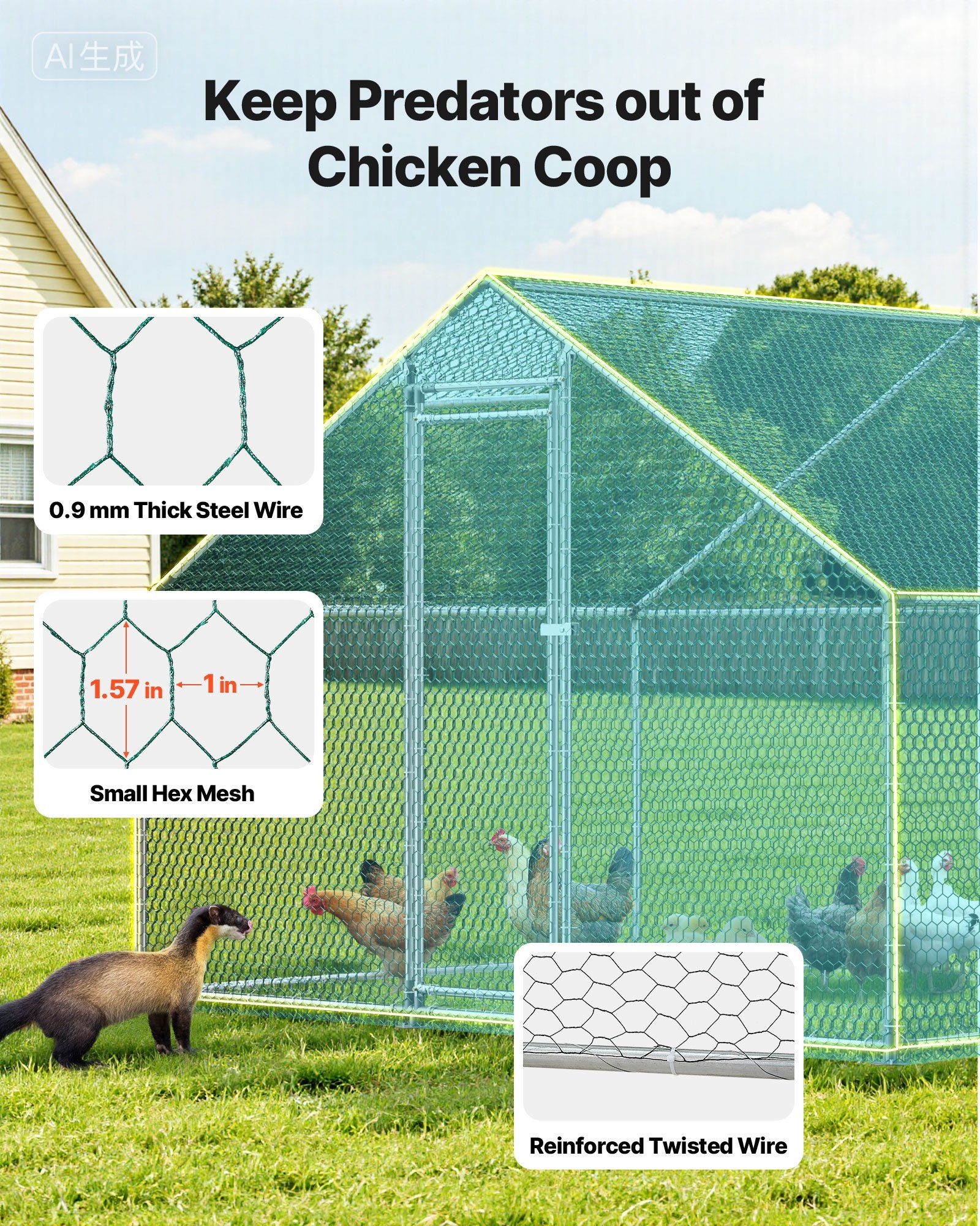 Metal Chicken Coop, 9.8x26.2x6.5 ft Large Walk-in Chicken Runs with Cover, Spire Roof Hen House Enclosure with Security Lock, Outdoor Duck Rabbit Cage Poultry Pen for Backyard, Farm, Yard - Image 4