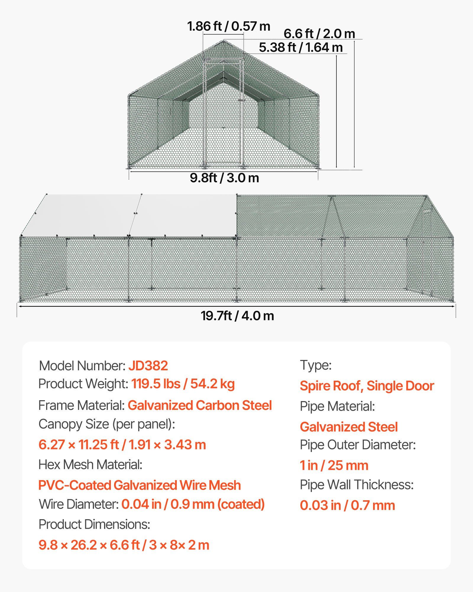 Metal Chicken Coop, 9.8x26.2x6.5 ft Large Walk-in Chicken Runs with Cover, Spire Roof Hen House Enclosure with Security Lock, Outdoor Duck Rabbit Cage Poultry Pen for Backyard, Farm, Yard - Image 7