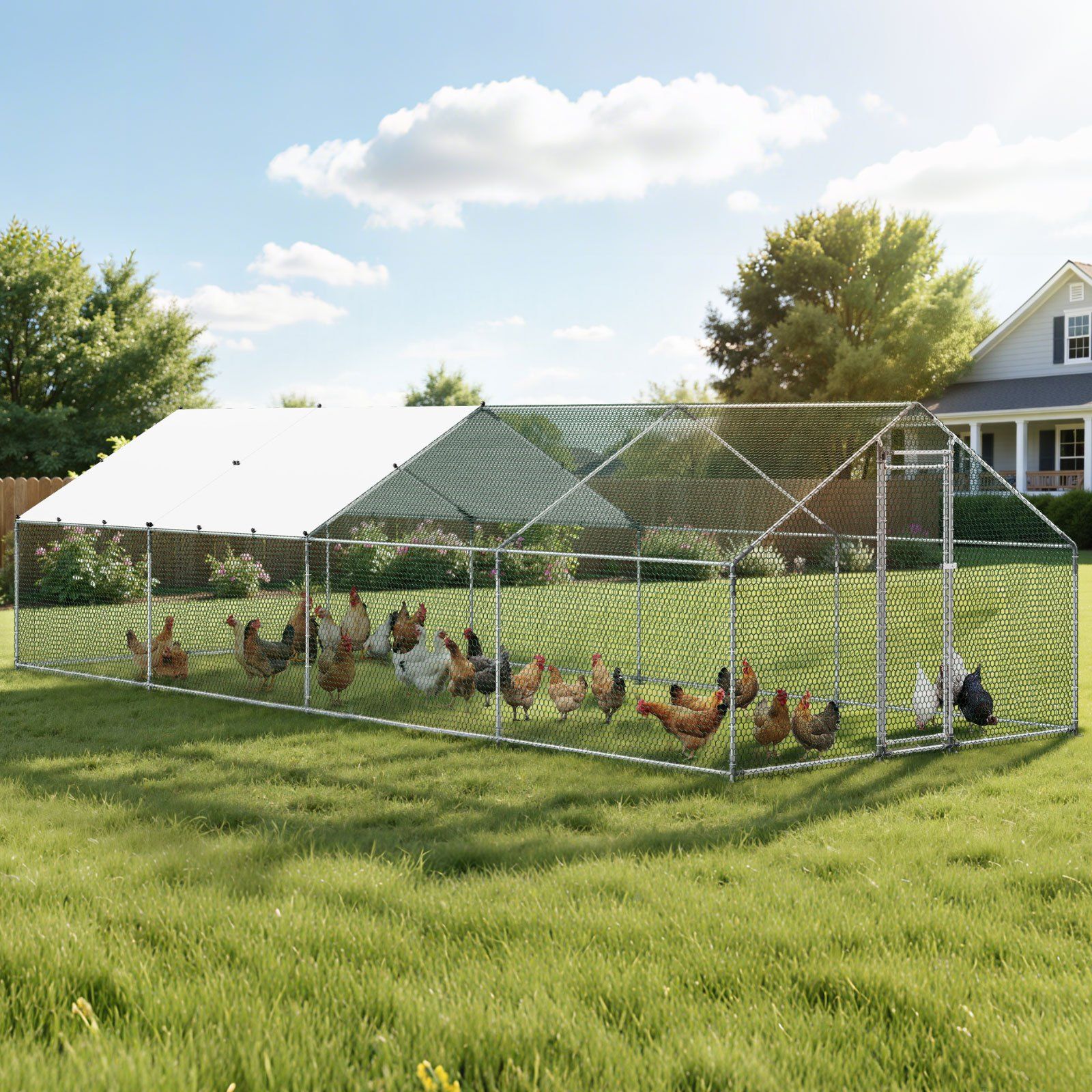 Metal Chicken Coop, 9.8x26.2x6.5 ft Large Walk-in Chicken Runs with Cover, Spire Roof Hen House Enclosure with Security Lock, Outdoor Duck Rabbit Cage Poultry Pen for Backyard, Farm, Yard - Image 8