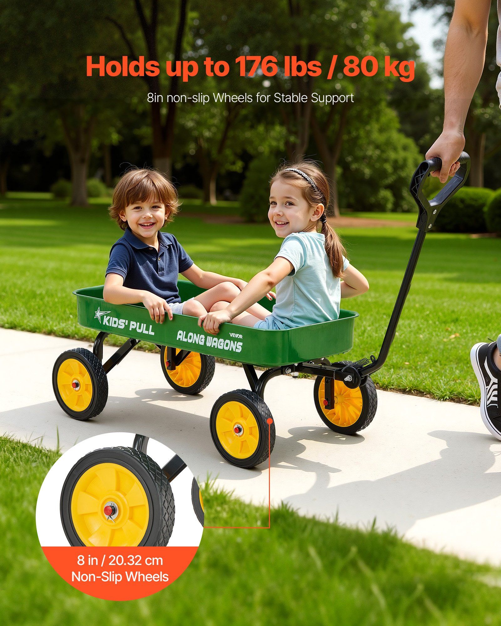 Pull-Along Wagon for Kids, 101 cm Toddler Wagons, Supports up to 80kg, All-Terrain Wagons with Handle, Utility Wagon Cart Birthday Present for Kids Gardening Beach Camping, Green - Image 2