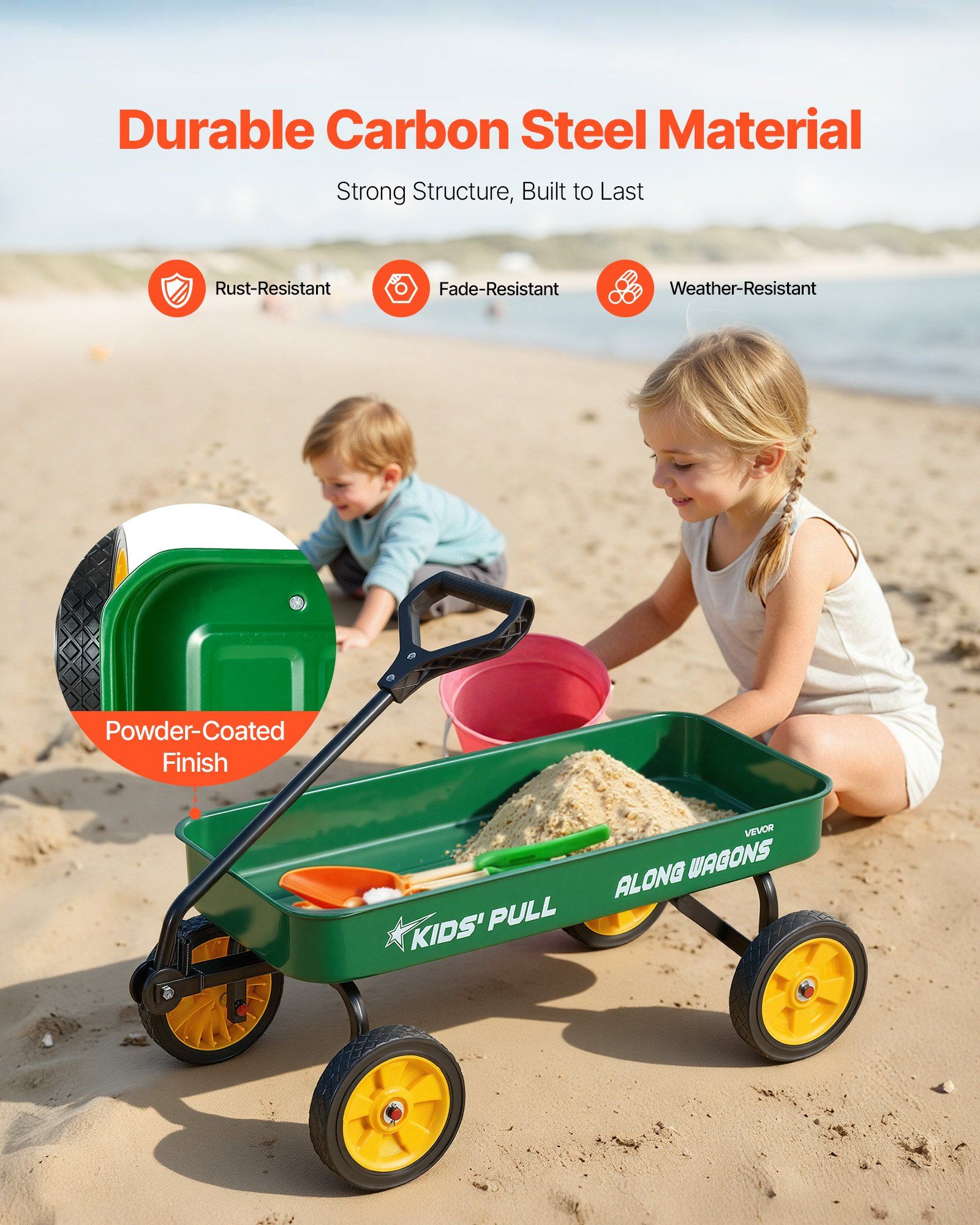 Pull-Along Wagon for Kids, 101 cm Toddler Wagons, Supports up to 80kg, All-Terrain Wagons with Handle, Utility Wagon Cart Birthday Present for Kids Gardening Beach Camping, Green - Image 3