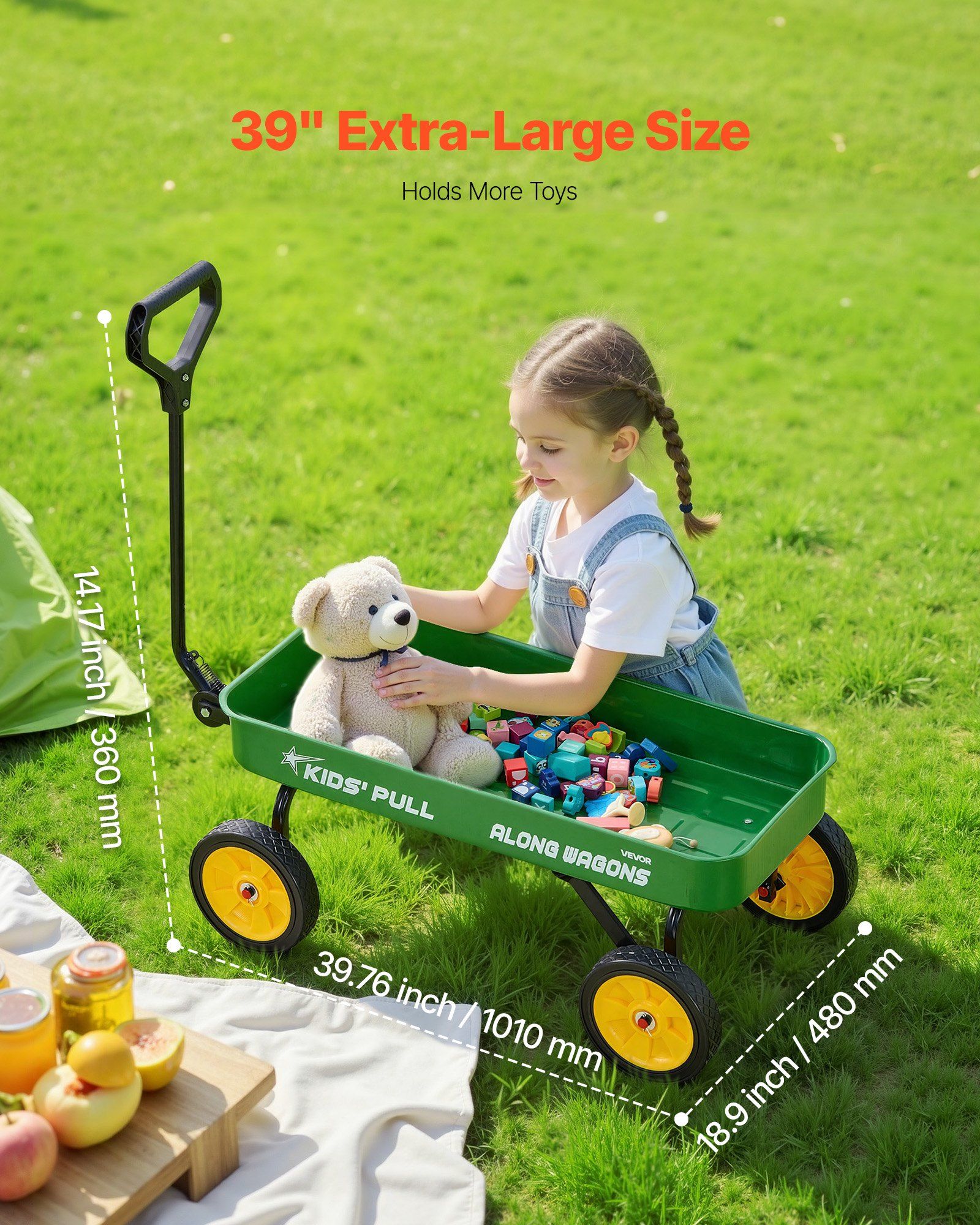 Pull-Along Wagon for Kids, 101 cm Toddler Wagons, Supports up to 80kg, All-Terrain Wagons with Handle, Utility Wagon Cart Birthday Present for Kids Gardening Beach Camping, Green - Image 4