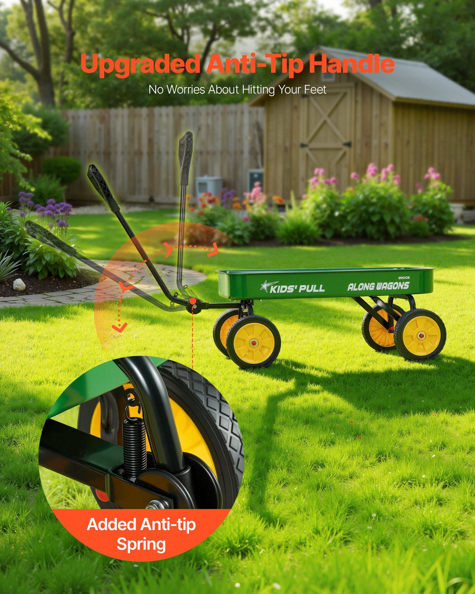 Pull-Along Wagon for Kids, 101 cm Toddler Wagons, Supports up to 80kg, All-Terrain Wagons with Handle, Utility Wagon Cart Birthday Present for Kids Gardening Beach Camping, Green - Image 5