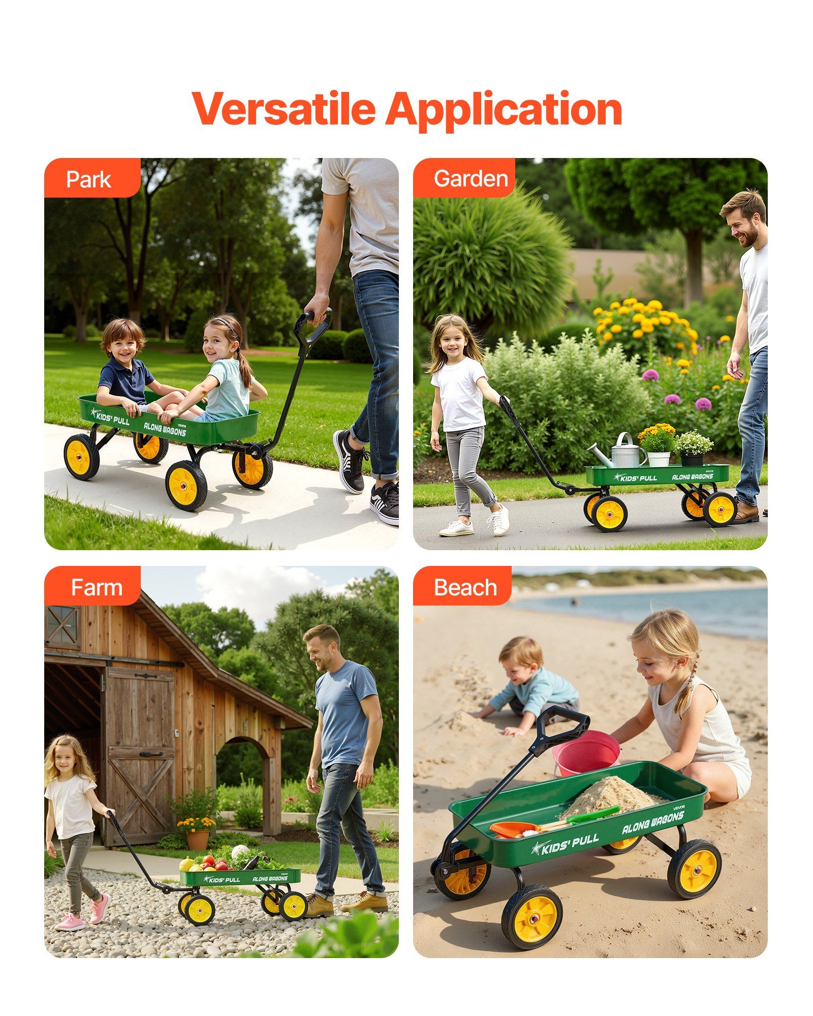Pull-Along Wagon for Kids, 101 cm Toddler Wagons, Supports up to 80kg, All-Terrain Wagons with Handle, Utility Wagon Cart Birthday Present for Kids Gardening Beach Camping, Green - Image 6