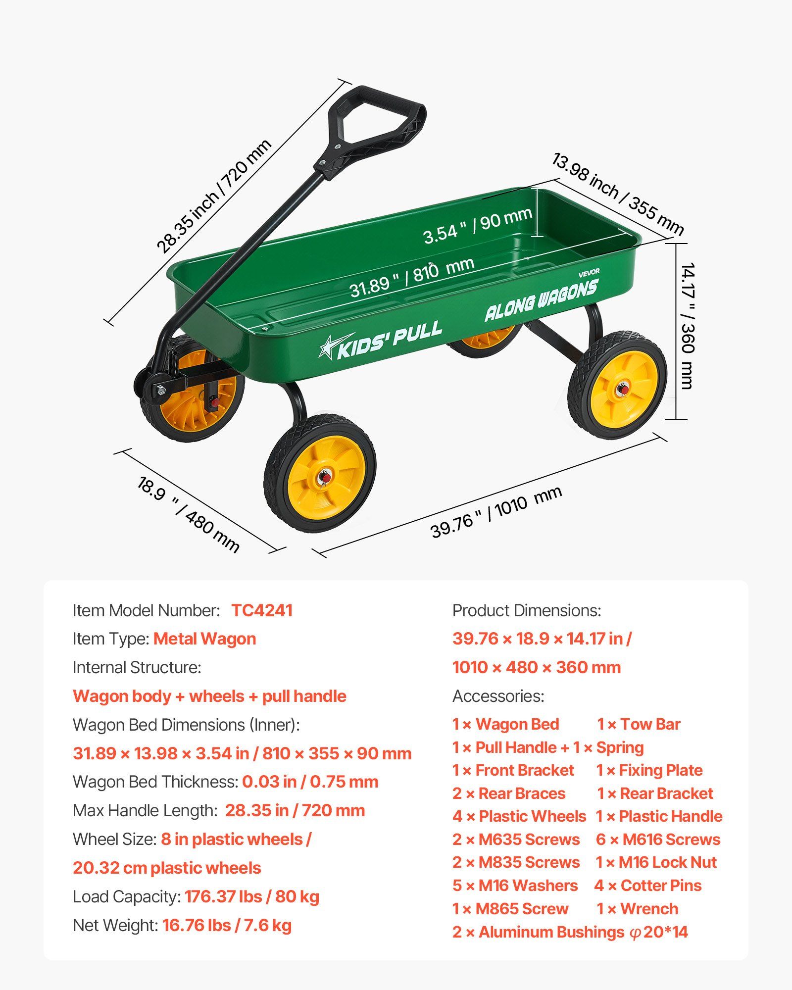 Pull-Along Wagon for Kids, 101 cm Toddler Wagons, Supports up to 80kg, All-Terrain Wagons with Handle, Utility Wagon Cart Birthday Present for Kids Gardening Beach Camping, Green - Image 7