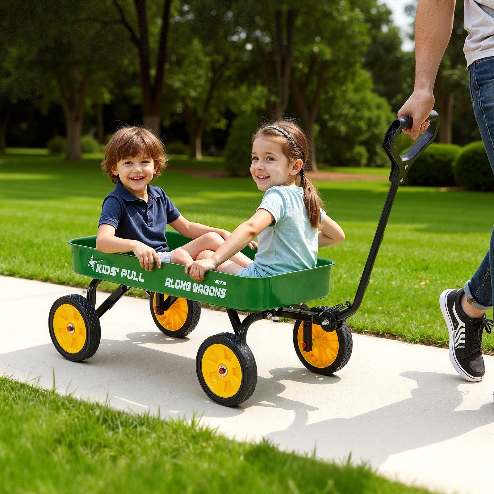 Pull-Along Wagon for Kids, 101 cm Toddler Wagons, Supports up to 80kg, All-Terrain Wagons with Handle, Utility Wagon Cart Birthday Present for Kids Gardening Beach Camping, Green - Image 8