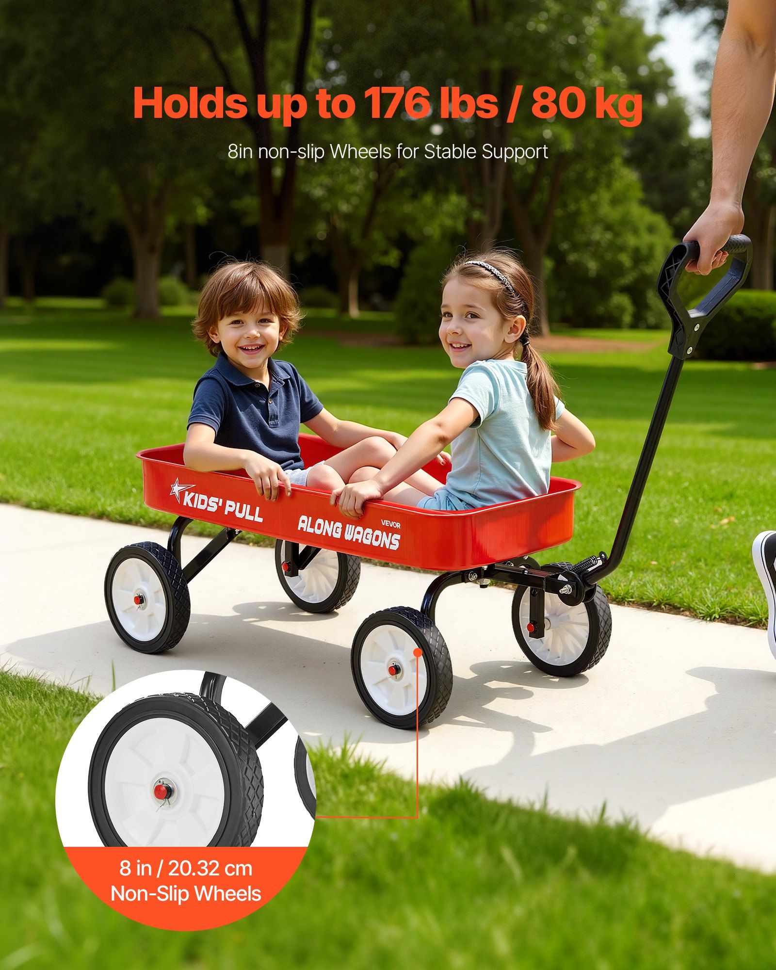 Pull-Along Wagon for Kids, 101 cm Toddler Wagons, Supports up to 80kg, All-Terrain Wagons with Handle, Utility Wagon Cart Birthday Present for Kids Gardening Beach Camping, Red - Image 2
