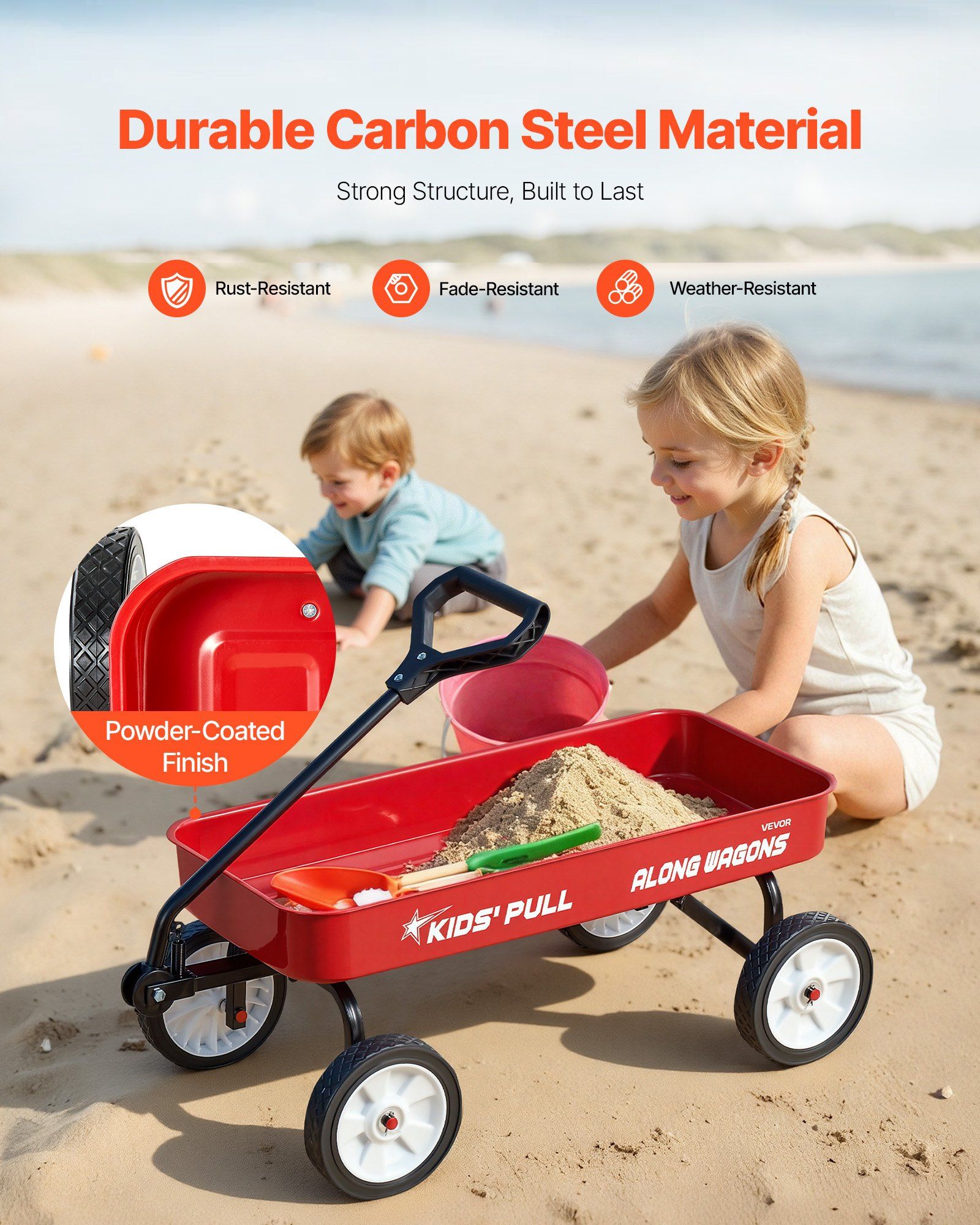 Pull-Along Wagon for Kids, 101 cm Toddler Wagons, Supports up to 80kg, All-Terrain Wagons with Handle, Utility Wagon Cart Birthday Present for Kids Gardening Beach Camping, Red - Image 3