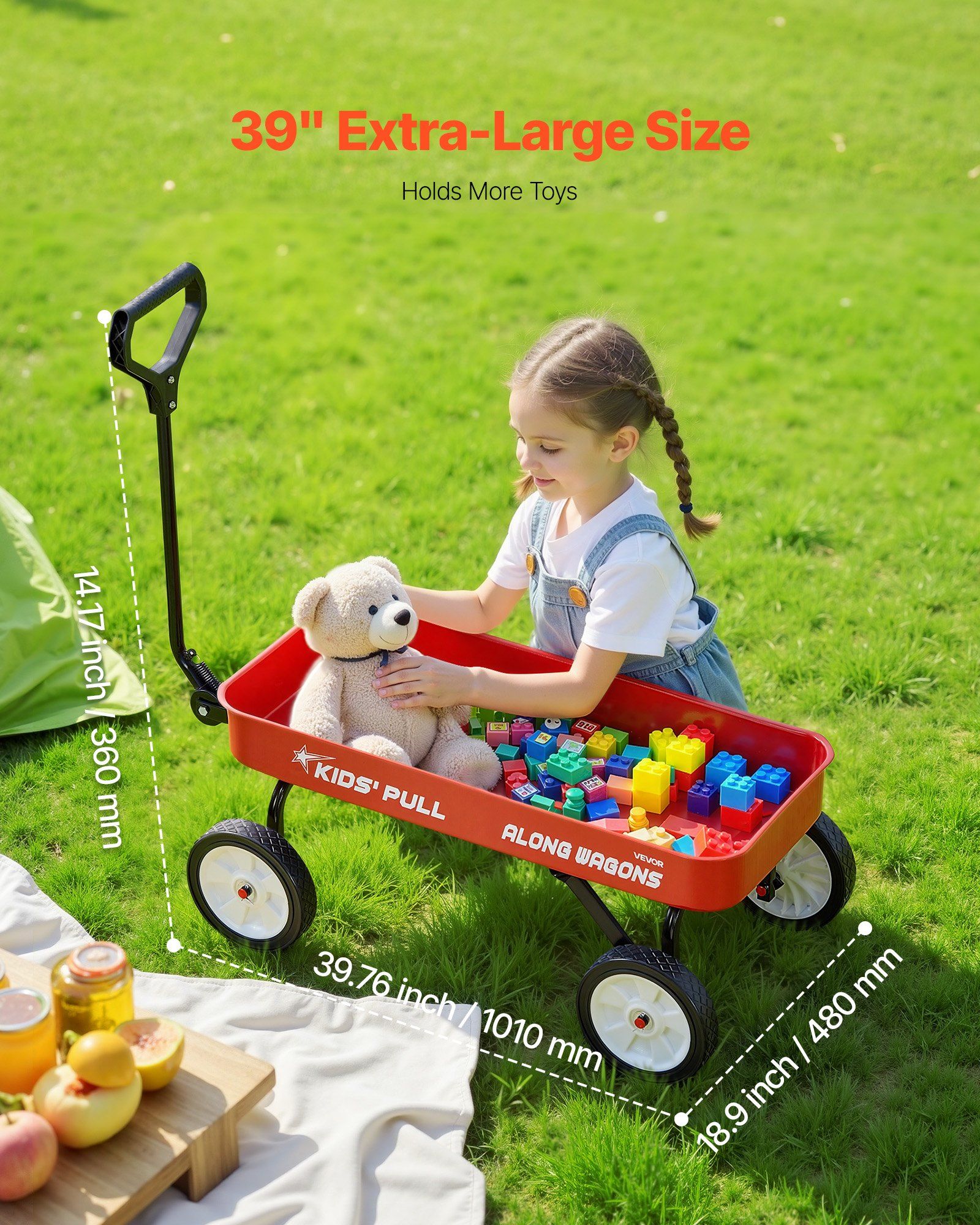 Pull-Along Wagon for Kids, 101 cm Toddler Wagons, Supports up to 80kg, All-Terrain Wagons with Handle, Utility Wagon Cart Birthday Present for Kids Gardening Beach Camping, Red - Image 4