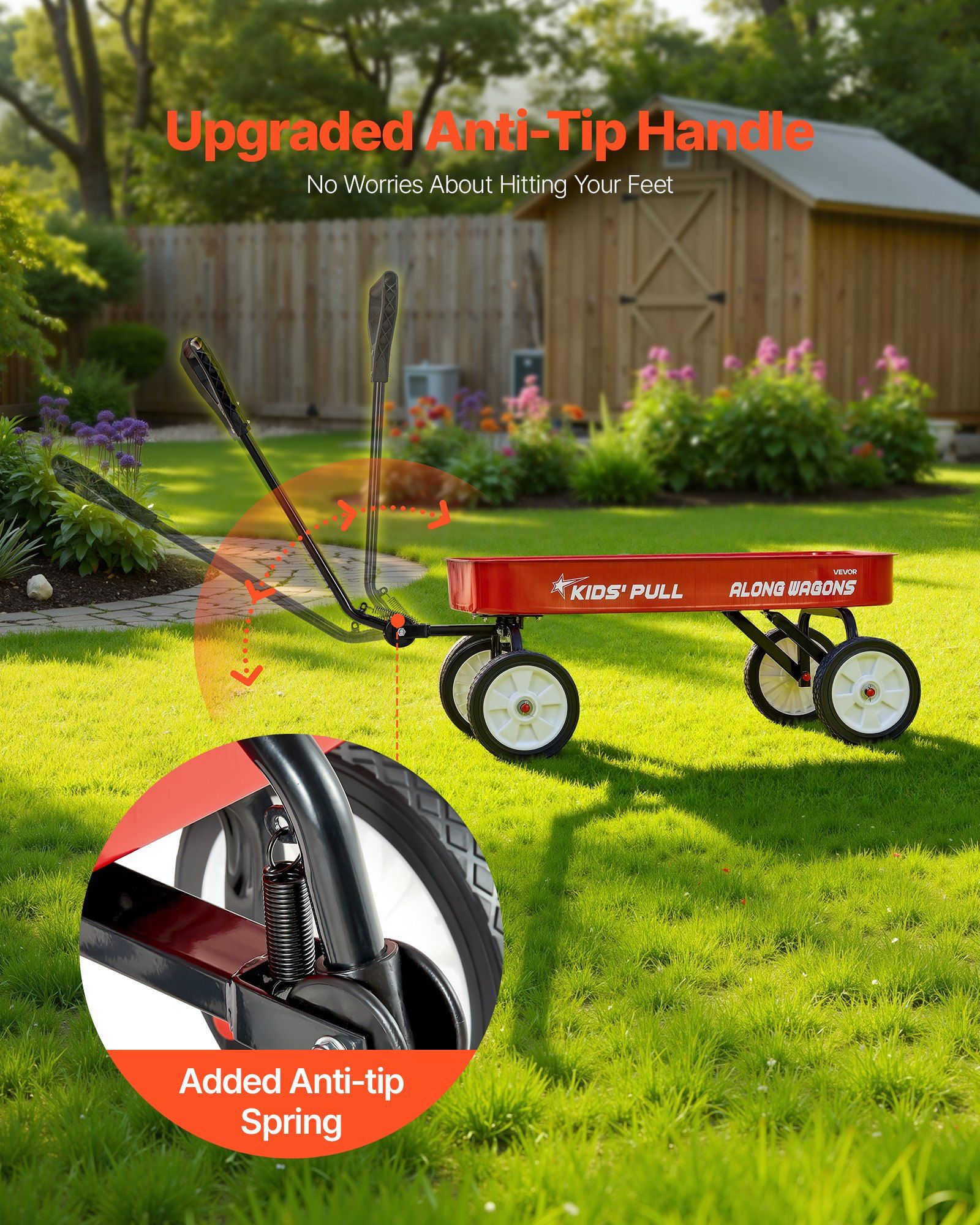 Pull-Along Wagon for Kids, 101 cm Toddler Wagons, Supports up to 80kg, All-Terrain Wagons with Handle, Utility Wagon Cart Birthday Present for Kids Gardening Beach Camping, Red - Image 5