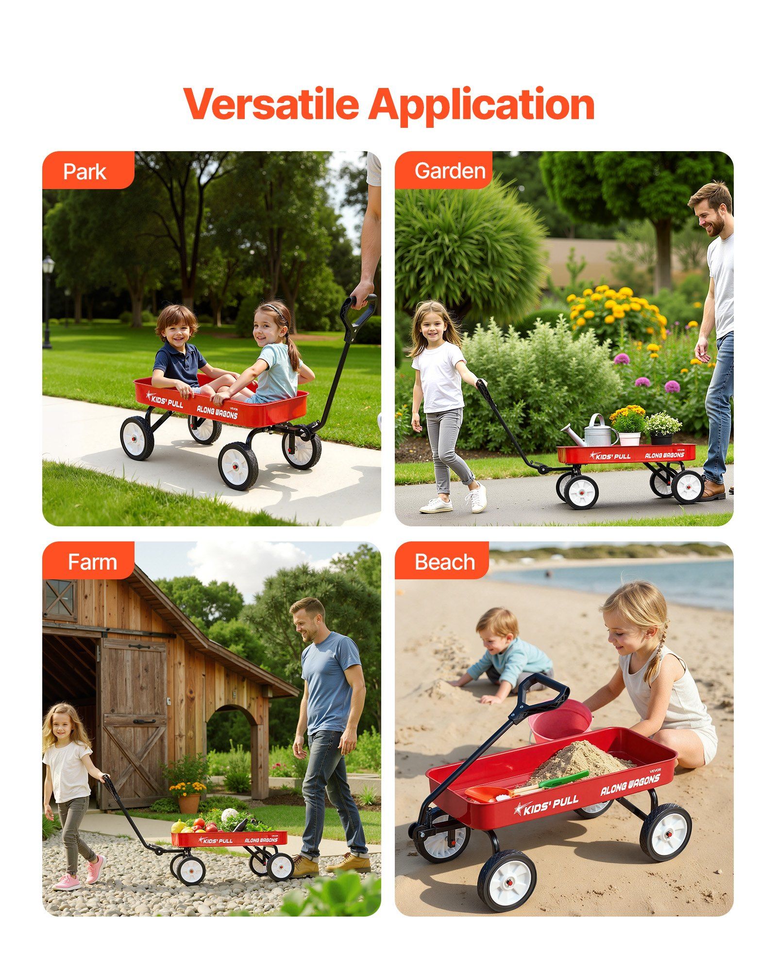 Pull-Along Wagon for Kids, 101 cm Toddler Wagons, Supports up to 80kg, All-Terrain Wagons with Handle, Utility Wagon Cart Birthday Present for Kids Gardening Beach Camping, Red - Image 6