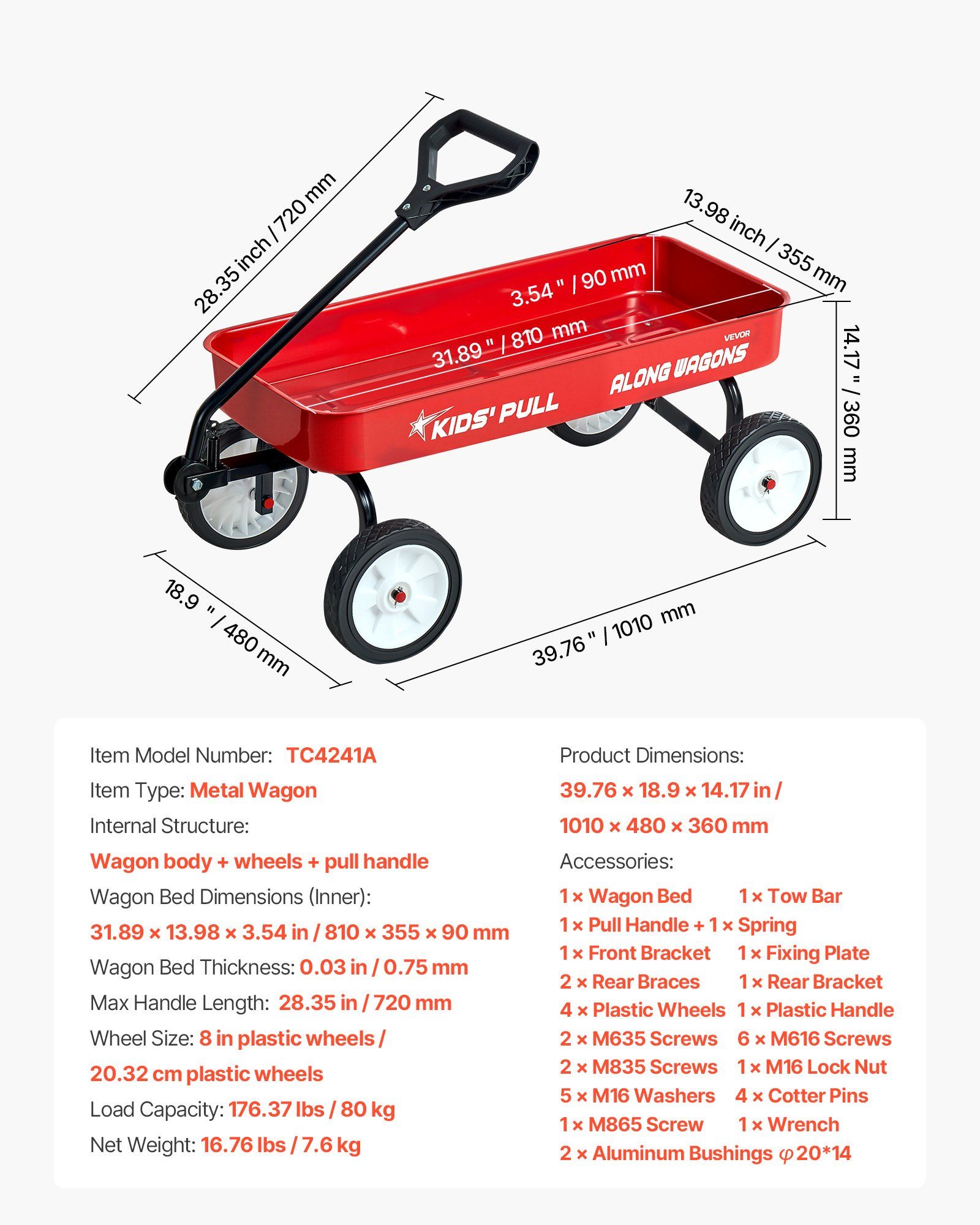 Pull-Along Wagon for Kids, 101 cm Toddler Wagons, Supports up to 80kg, All-Terrain Wagons with Handle, Utility Wagon Cart Birthday Present for Kids Gardening Beach Camping, Red - Image 7