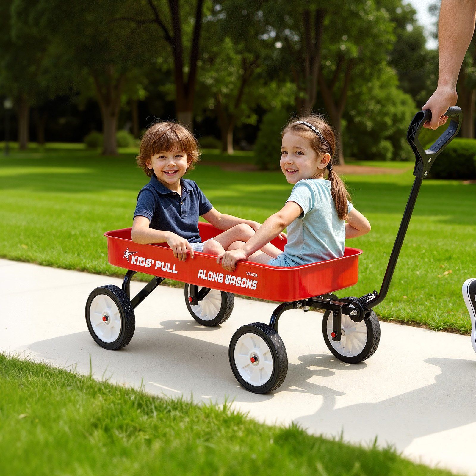 Pull-Along Wagon for Kids, 101 cm Toddler Wagons, Supports up to 80kg, All-Terrain Wagons with Handle, Utility Wagon Cart Birthday Present for Kids Gardening Beach Camping, Red - Image 8