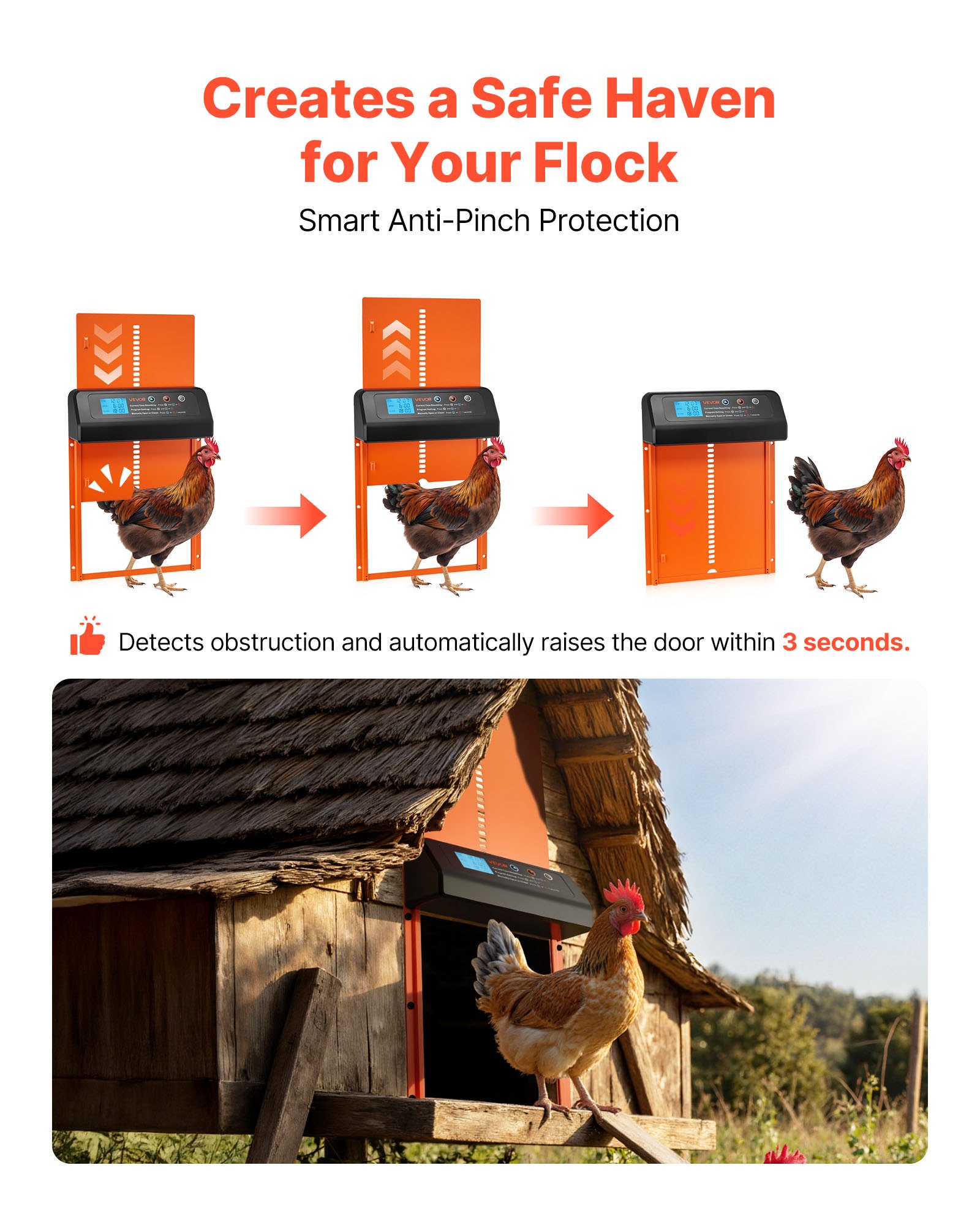 Automatic Chicken Coop Door, Battery Powered Chicken Coop Door with Timer & Manual Setting, Anti-Pinch Security, Durable Aluminum Alloy, Chick Run Gate Opener with Waterproof Sealing, Orange - Image 4