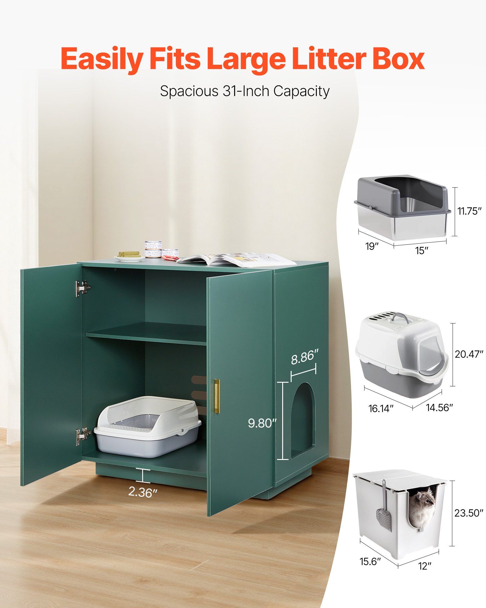 Cat Litter Box Enclosure, 80 cm Hidden Litter Box Cabinet, Wooden Indoor Cat Washroom with Ventilated Holes, Double-Door Kitty Pet House Furniture, End Side Table Fit Most Litterboxes - Image 3