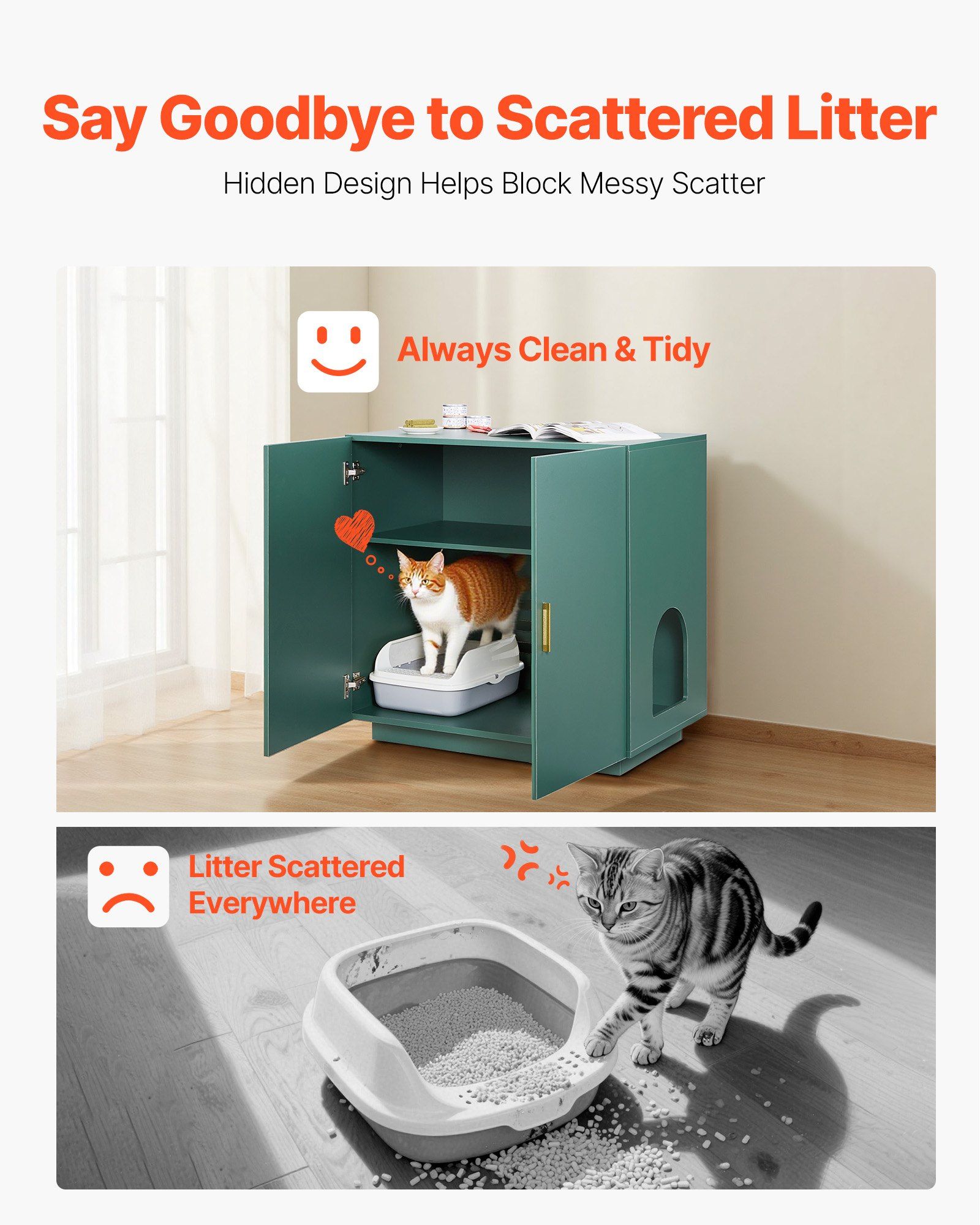 Cat Litter Box Enclosure, 80 cm Hidden Litter Box Cabinet, Wooden Indoor Cat Washroom with Ventilated Holes, Double-Door Kitty Pet House Furniture, End Side Table Fit Most Litterboxes - Image 4