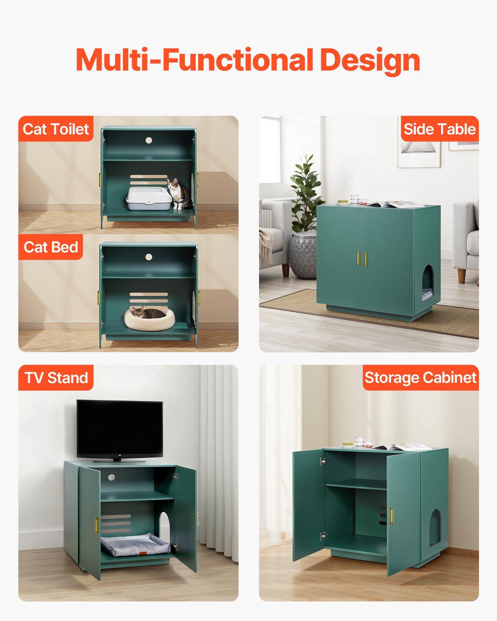 Cat Litter Box Enclosure, 80 cm Hidden Litter Box Cabinet, Wooden Indoor Cat Washroom with Ventilated Holes, Double-Door Kitty Pet House Furniture, End Side Table Fit Most Litterboxes - Image 6