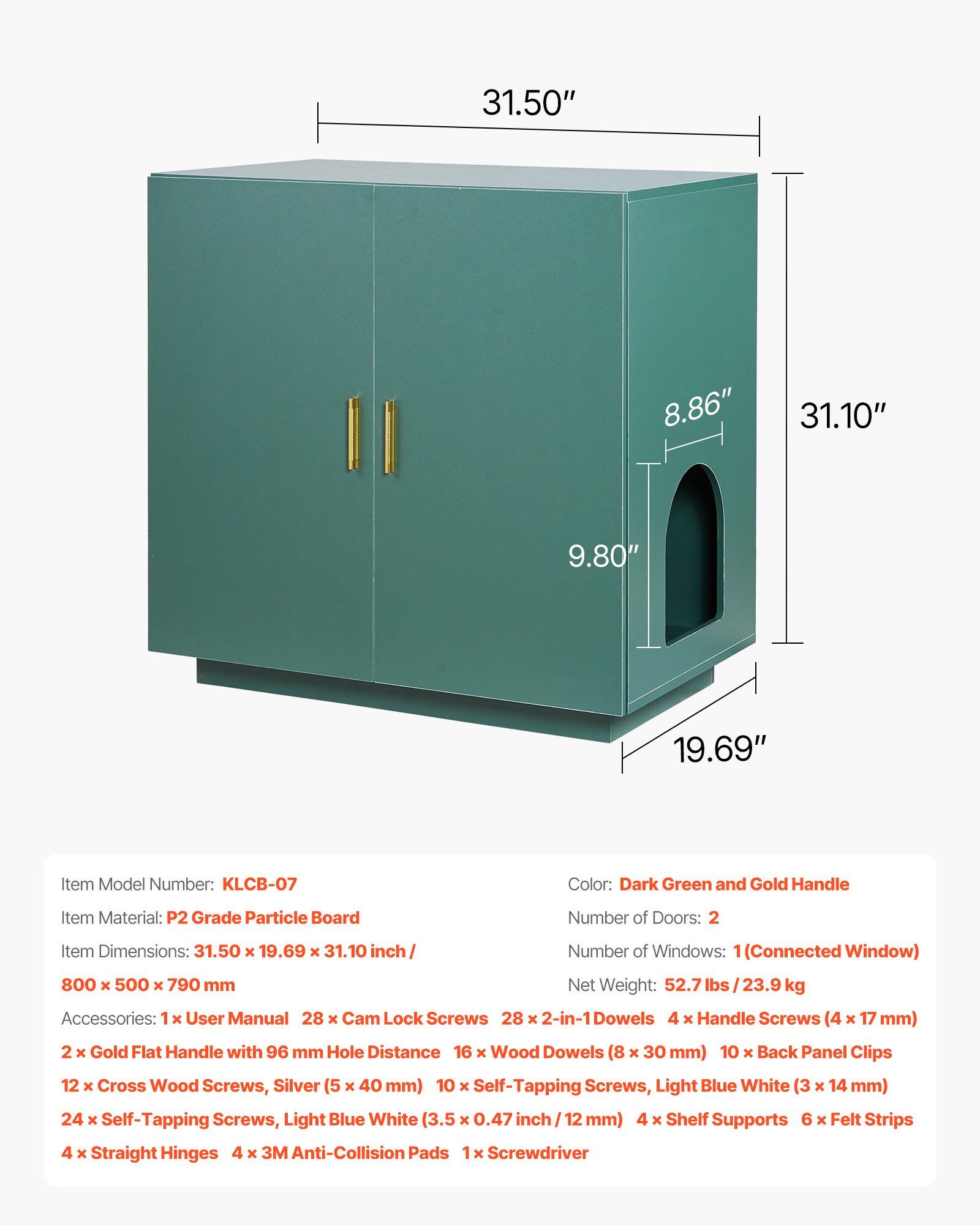 Cat Litter Box Enclosure, 80 cm Hidden Litter Box Cabinet, Wooden Indoor Cat Washroom with Ventilated Holes, Double-Door Kitty Pet House Furniture, End Side Table Fit Most Litterboxes - Image 7