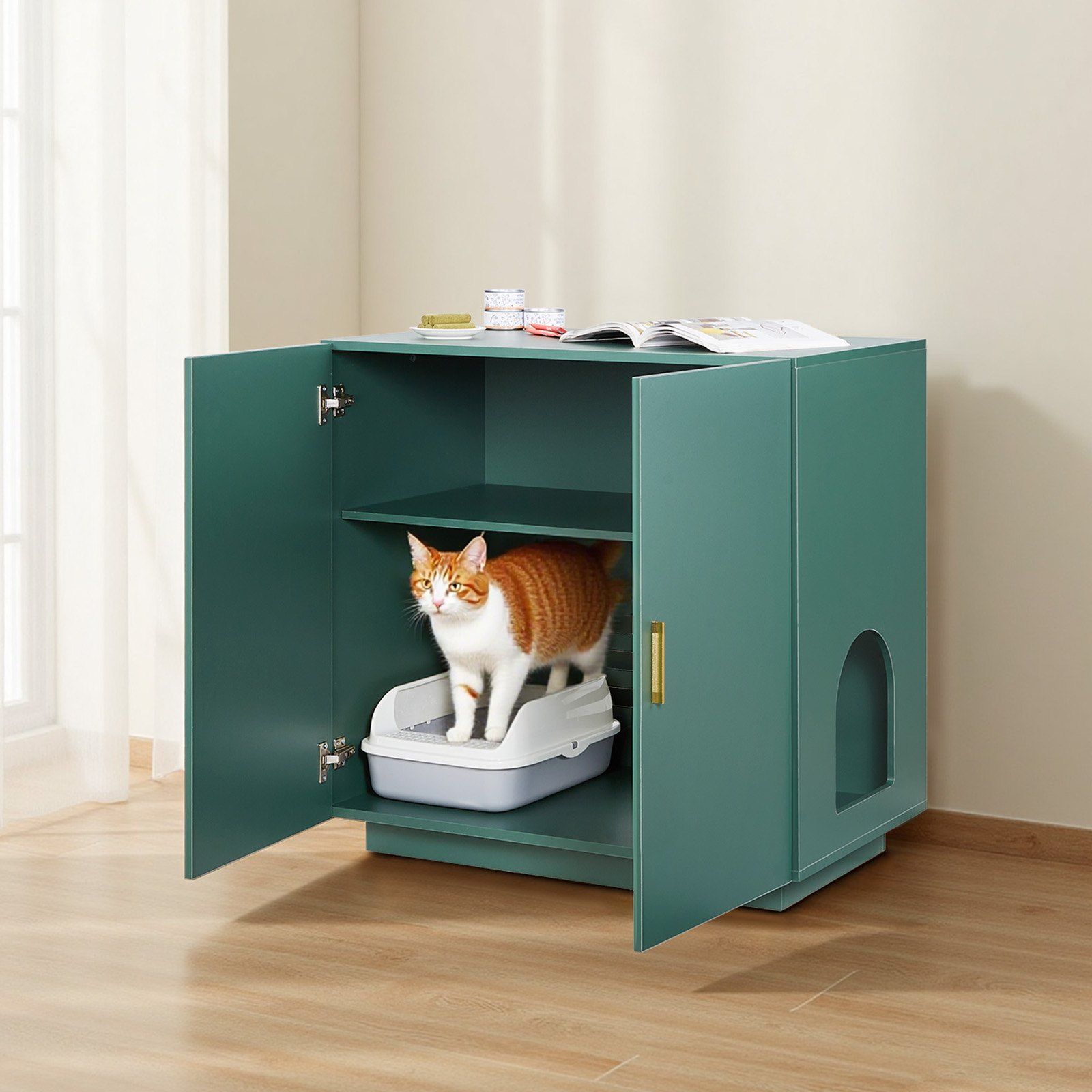 Cat Litter Box Enclosure, 80 cm Hidden Litter Box Cabinet, Wooden Indoor Cat Washroom with Ventilated Holes, Double-Door Kitty Pet House Furniture, End Side Table Fit Most Litterboxes - Image 8