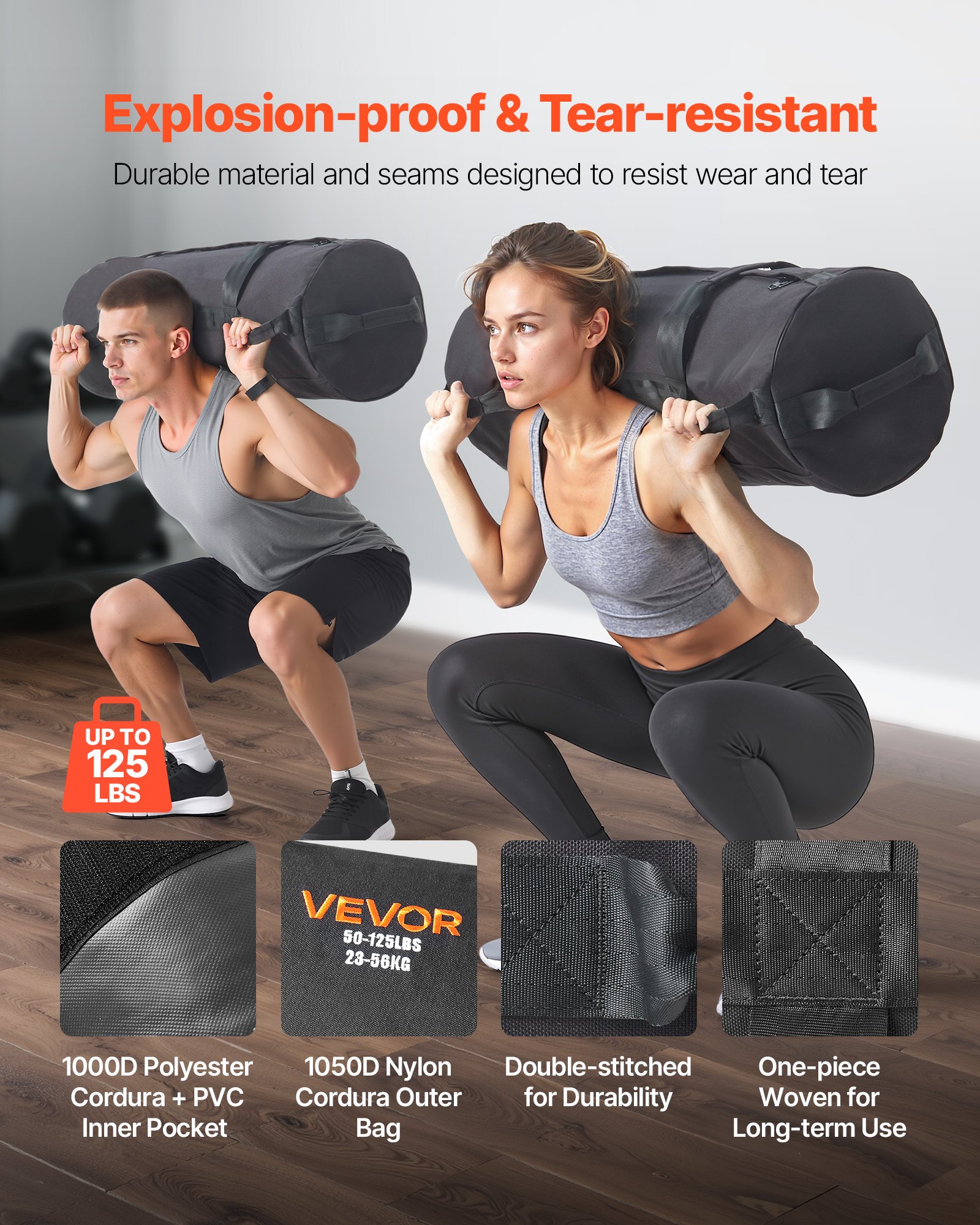 Workout Sandbag, Heavy Duty Workout Power Bags with Handles, 23-56 kg Adjustable Slam Bag for Fitness Strength Weight Training Cross-Training, Home Gym Exercise, Black (Unfilled) - Image 2