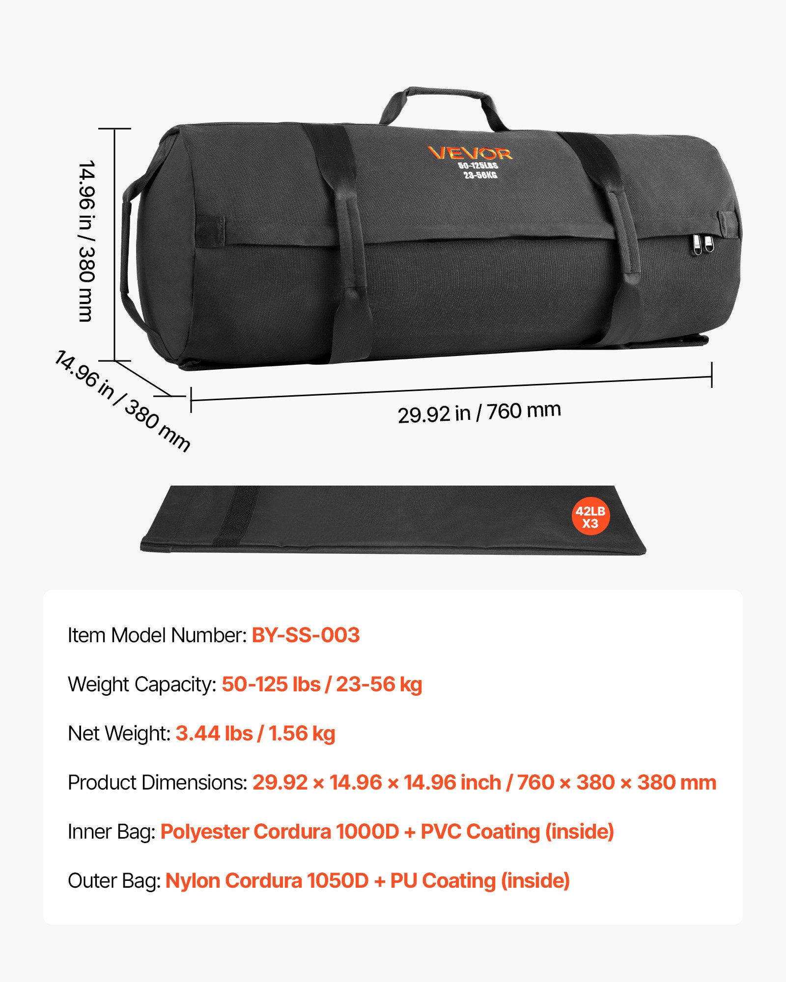 Workout Sandbag, Heavy Duty Workout Power Bags with Handles, 23-56 kg Adjustable Slam Bag for Fitness Strength Weight Training Cross-Training, Home Gym Exercise, Black (Unfilled) - Image 7