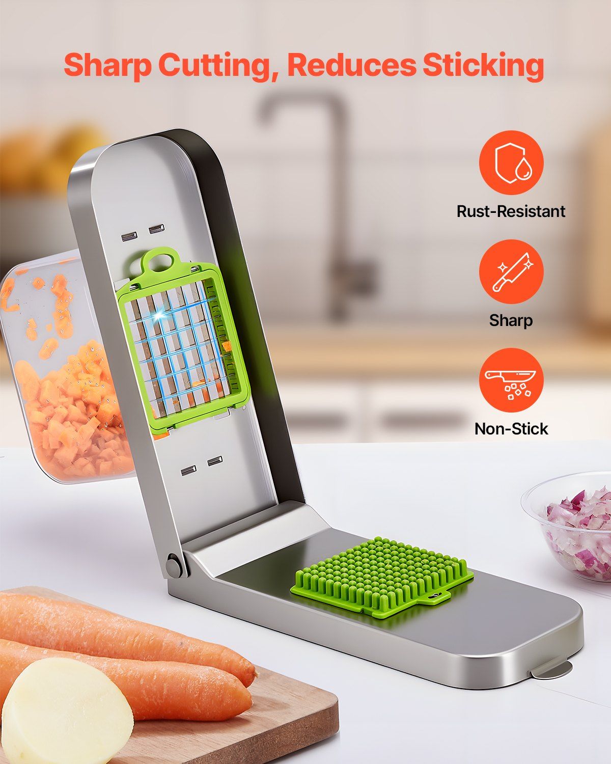Vegetable Chopper, Food Veggie Cutter with 3 Stainless Steel Blades, Onion Slicer with Container, Salad Potato Dicer Kitchen Gadgets & Essentials Home Appliances Tools for Easy DIY, Silver - Image 3