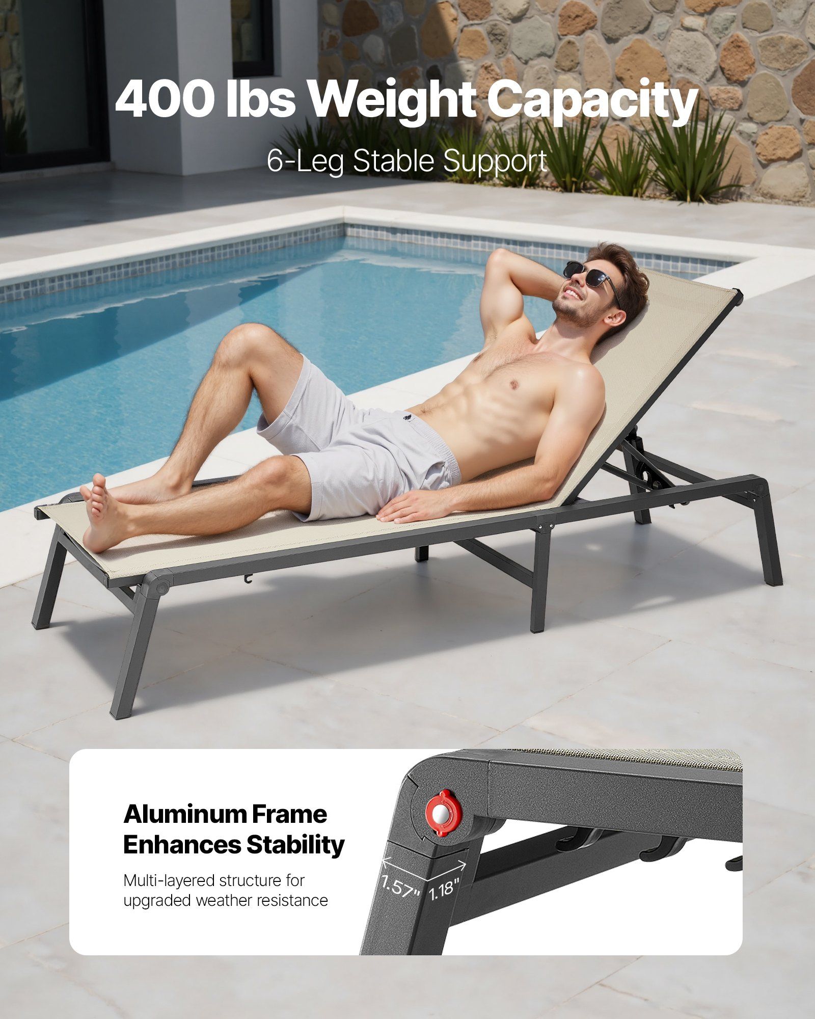 Outdoor Chaise Lounge Chair, 181 kg Weight Capacity, Foldable Sun Tanning Chair, 5 Adjustable Positions, Easy Assembly, Heavy Duty Aluminum Pool Recliner Lounge Chairs, for Beach Yard Patio - Image 2