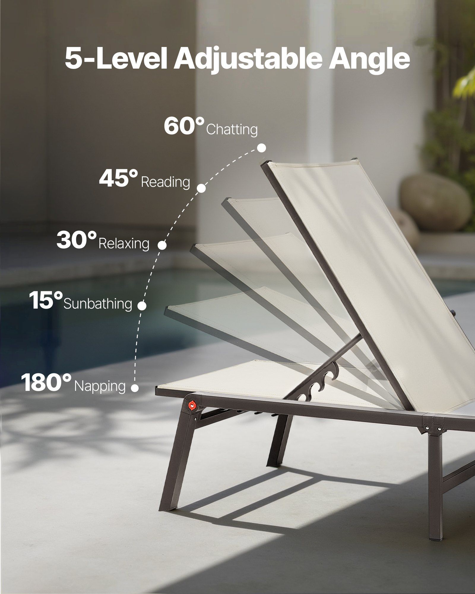 Outdoor Chaise Lounge Chair, 181 kg Weight Capacity, Foldable Sun Tanning Chair, 5 Adjustable Positions, Easy Assembly, Heavy Duty Aluminum Pool Recliner Lounge Chairs, for Beach Yard Patio - Image 5