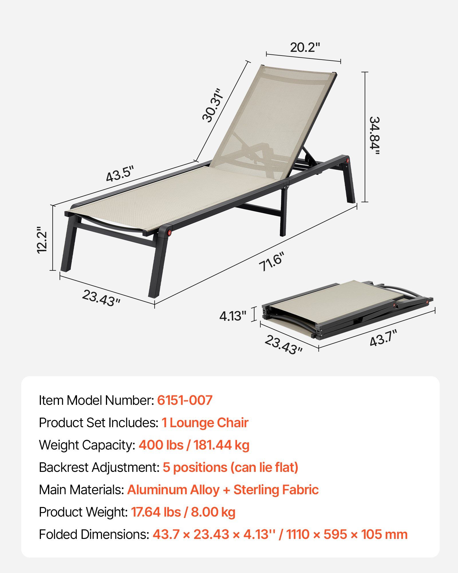 Outdoor Chaise Lounge Chair, 181 kg Weight Capacity, Foldable Sun Tanning Chair, 5 Adjustable Positions, Easy Assembly, Heavy Duty Aluminum Pool Recliner Lounge Chairs, for Beach Yard Patio - Image 7