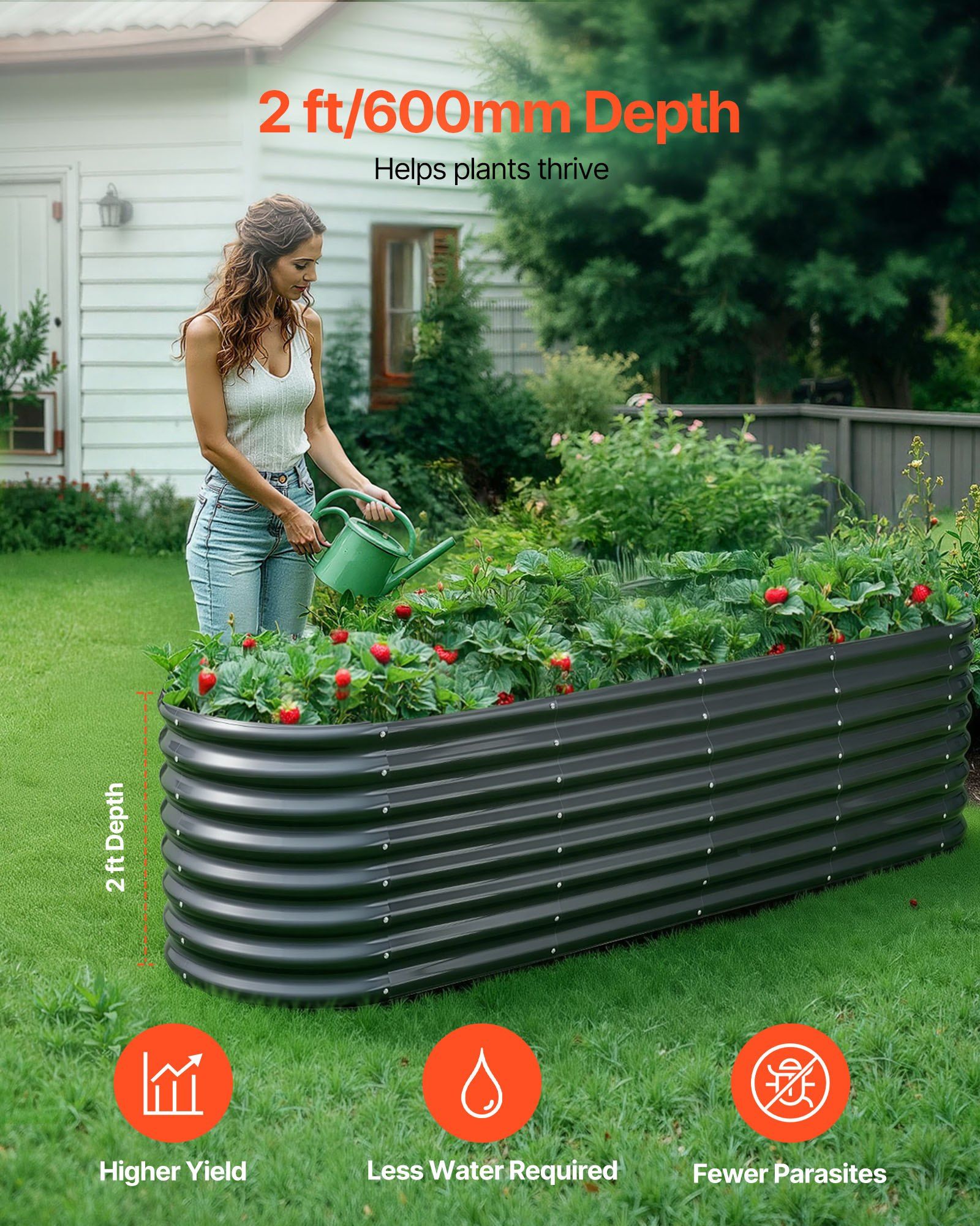 Metal Raised Garden Bed, 2.4 x 0.6 x 0.6 m Oval Outdoor Galvanized Planter Garden Box, Open Bottom Design, Large Planter Raised Bed for Growing Vegetables, Flowers, Herbs, Succulents, Dark Gray - Image 2