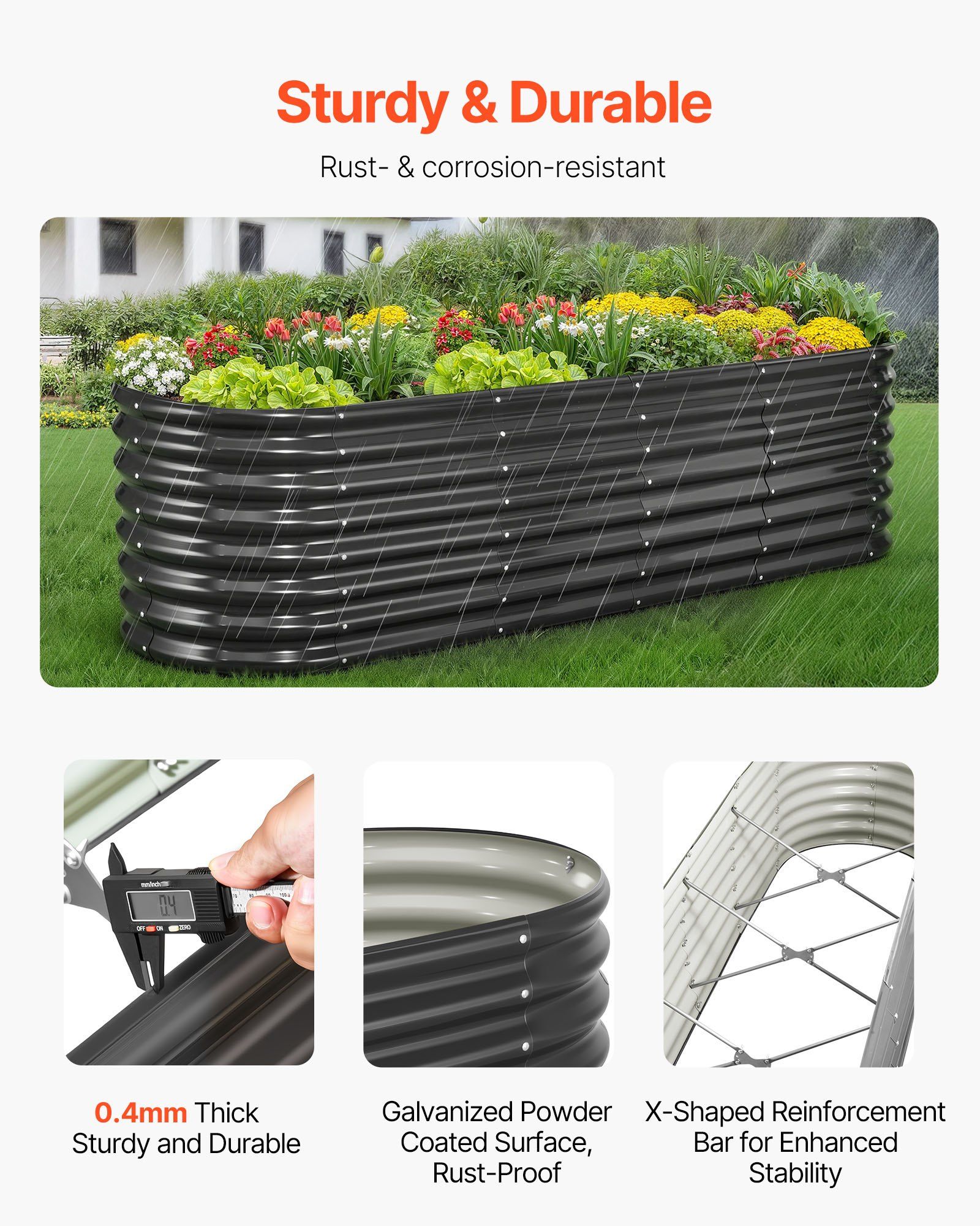 Metal Raised Garden Bed, 2.4 x 0.6 x 0.6 m Oval Outdoor Galvanized Planter Garden Box, Open Bottom Design, Large Planter Raised Bed for Growing Vegetables, Flowers, Herbs, Succulents, Dark Gray - Image 3