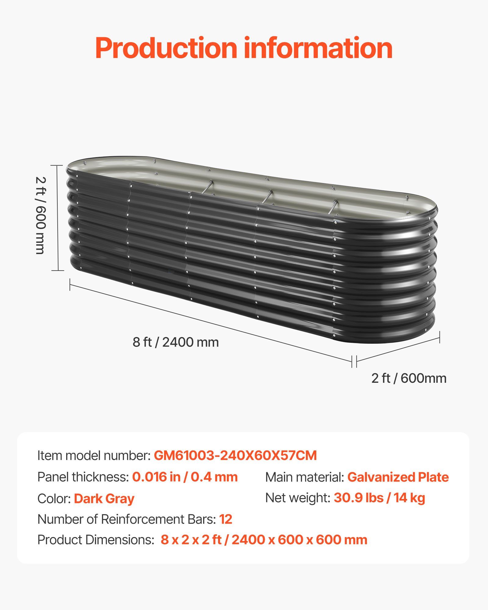 Metal Raised Garden Bed, 2.4 x 0.6 x 0.6 m Oval Outdoor Galvanized Planter Garden Box, Open Bottom Design, Large Planter Raised Bed for Growing Vegetables, Flowers, Herbs, Succulents, Dark Gray - Image 7