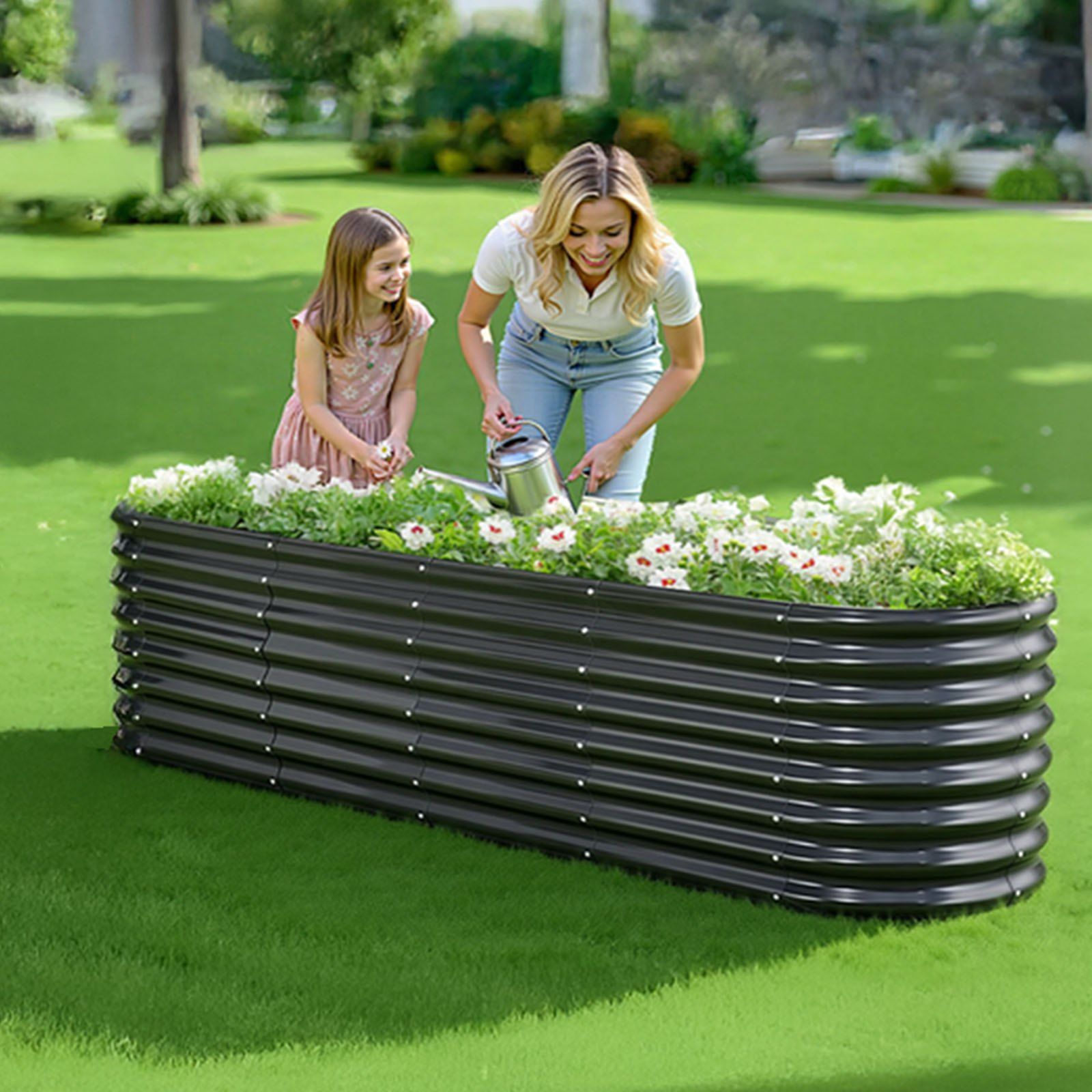 Metal Raised Garden Bed, 2.4 x 0.6 x 0.6 m Oval Outdoor Galvanized Planter Garden Box, Open Bottom Design, Large Planter Raised Bed for Growing Vegetables, Flowers, Herbs, Succulents, Dark Gray - Image 8