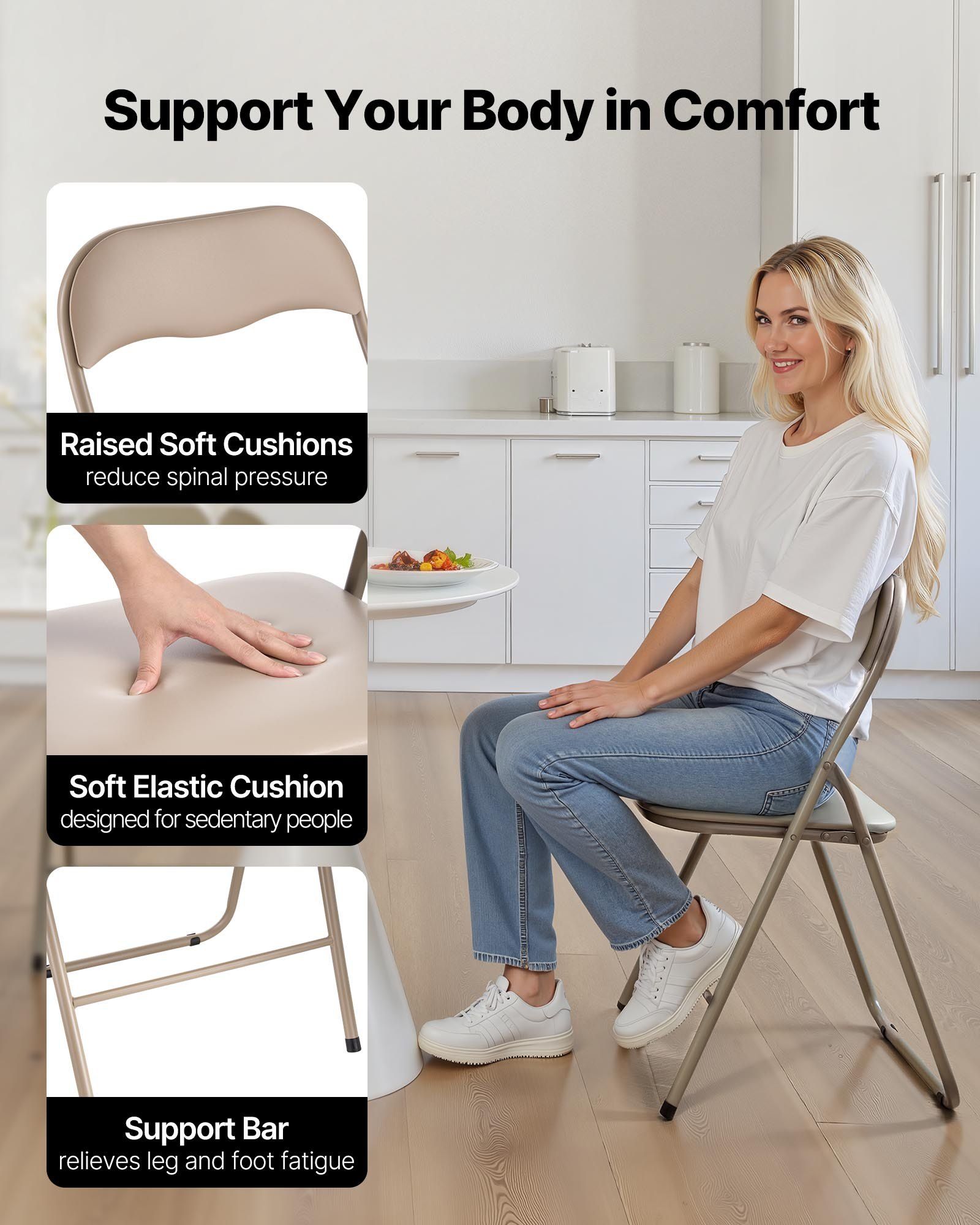 4 Pack Folding Chairs, Foldable Leather Chairs with Heavy Duty Metal Frame & Padded Cushion, Portable Folding Card Table Chairs, Stackable Seats for Home, Yard, Garden, Parties, Events, Khaki - Image 4