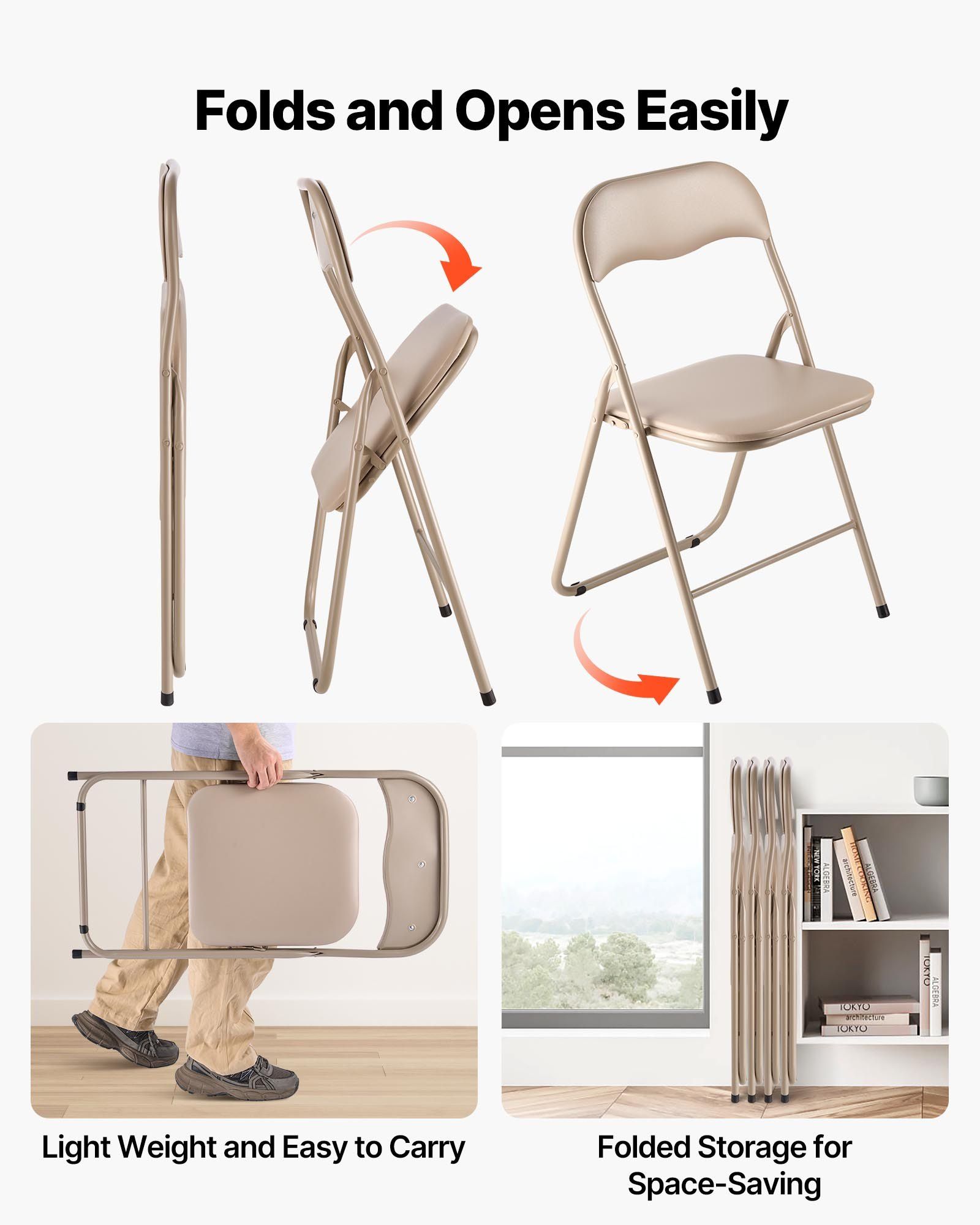 4 Pack Folding Chairs, Foldable Leather Chairs with Heavy Duty Metal Frame & Padded Cushion, Portable Folding Card Table Chairs, Stackable Seats for Home, Yard, Garden, Parties, Events, Khaki - Image 6