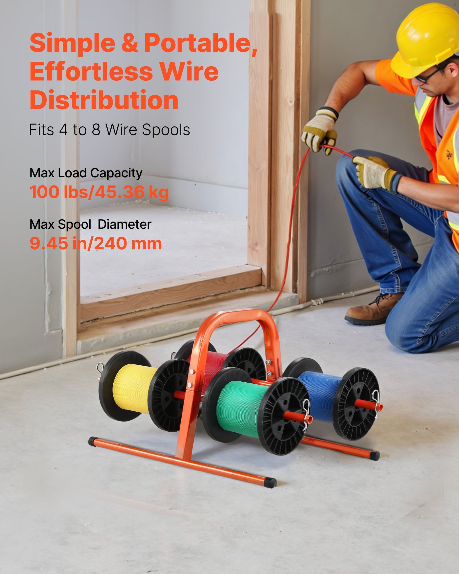 Wire Spool Rack, 100 lbs Capacity, Smart Hand Caddy, Heavy-Duty Steel Wire Dispenser Holder for Up to 8 Spools, MAX 9.45 in Diameter, Easy Lift Design for Electrical Industrial and Retail Use - Image 2
