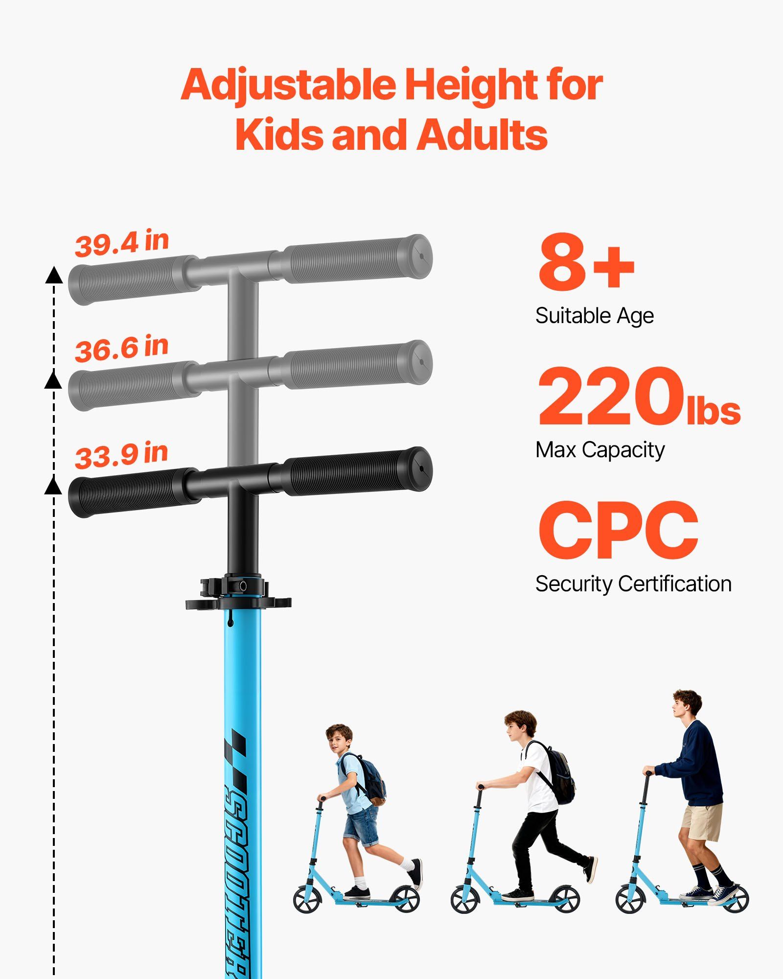 Kick Scooter for Kids Ages 8+, Teens & Adults, 2-Wheel Toddler Scooter with Adjustable Height Handlebar, Wide Anti-Slip Deck, Foldable Lightweight for Boys & Girls up to 99.8 kg, Blue + Black - Image 2