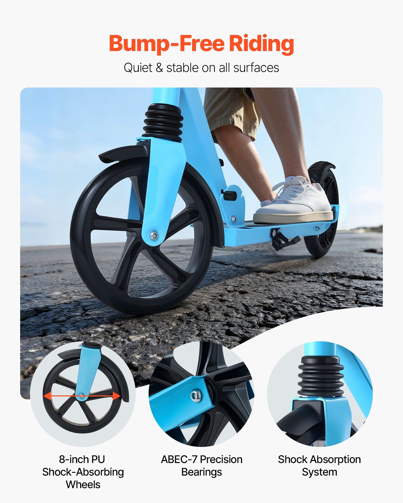 Kick Scooter for Kids Ages 8+, Teens & Adults, 2-Wheel Toddler Scooter with Adjustable Height Handlebar, Wide Anti-Slip Deck, Foldable Lightweight for Boys & Girls up to 99.8 kg, Blue + Black - Image 3