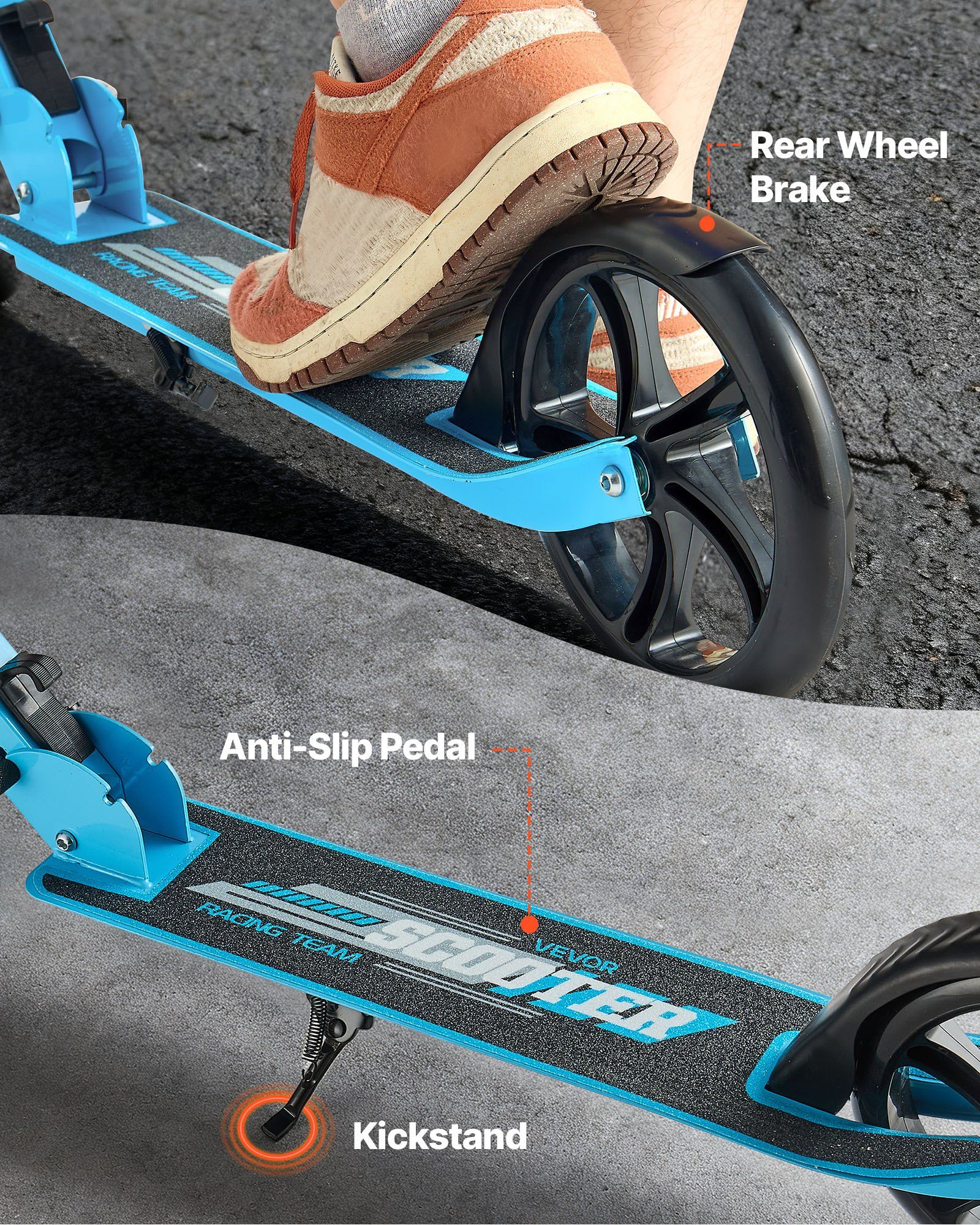 Kick Scooter for Kids Ages 8+, Teens & Adults, 2-Wheel Toddler Scooter with Adjustable Height Handlebar, Wide Anti-Slip Deck, Foldable Lightweight for Boys & Girls up to 99.8 kg, Blue + Black - Image 5