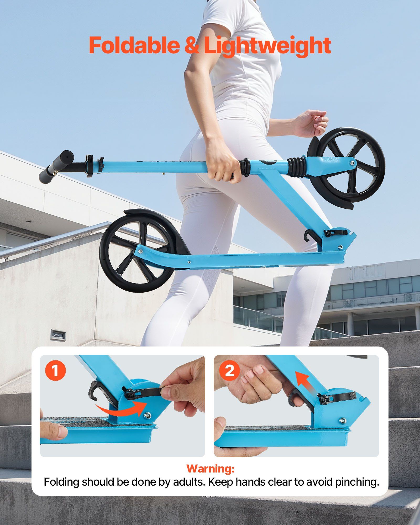 Kick Scooter for Kids Ages 8+, Teens & Adults, 2-Wheel Toddler Scooter with Adjustable Height Handlebar, Wide Anti-Slip Deck, Foldable Lightweight for Boys & Girls up to 99.8 kg, Blue + Black - Image 6