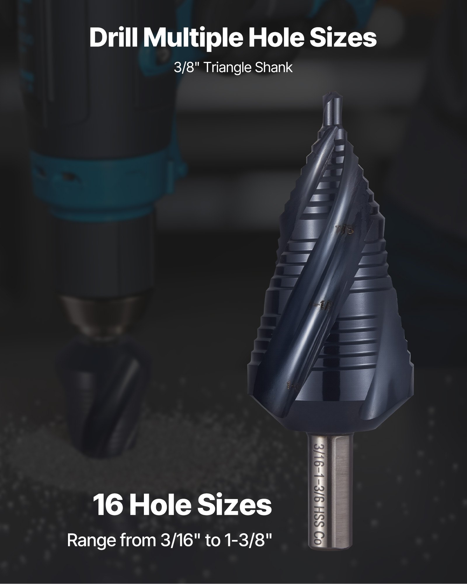Step Drill Bit, 4.76 to 34.93 mm, 9.53 mm Triangular Shank, TiAlN Coating Cobalt High Speed Steel, Four Spiral Flute Step Bit for Metal, Stainless Steel, Aluminum, Wood, Plastic, Fiberglass - Image 2