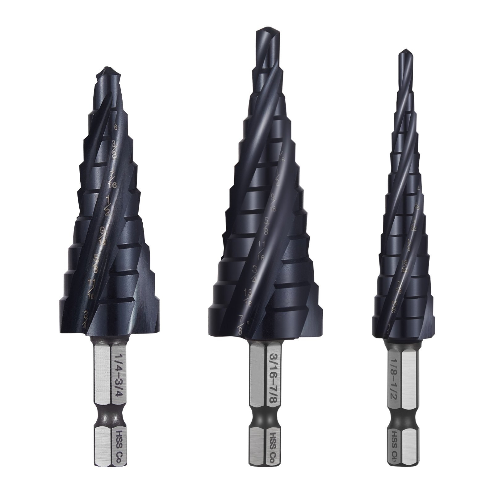 Step Drill Bit Set, 3.2 - 22.2 mm, 3 Pieces Step Drill Bits, 6.35 mm Hex Shank, TiAlN Coating Cobalt HSS High Speed Steel, for Metal, Stainless Steel, Aluminum, Wood, Plastic, Fiberglass - Image 1